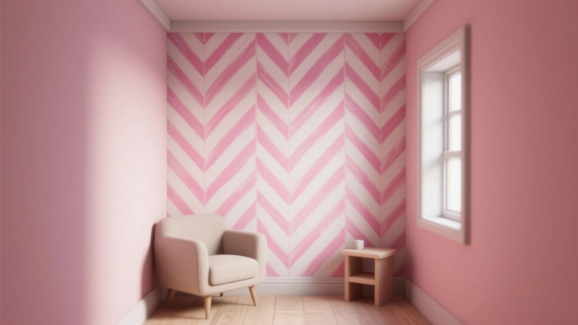 Small pink room with a white sofa chair next to a wooden side table and window