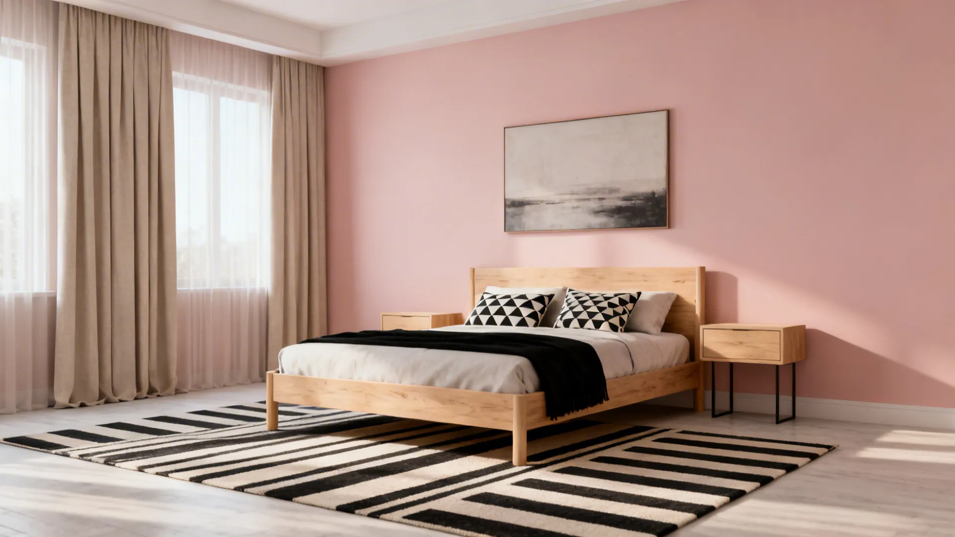 Blush bedroom with a striped rug and micro-geometric pillows, plain drapery, and light wood bed.