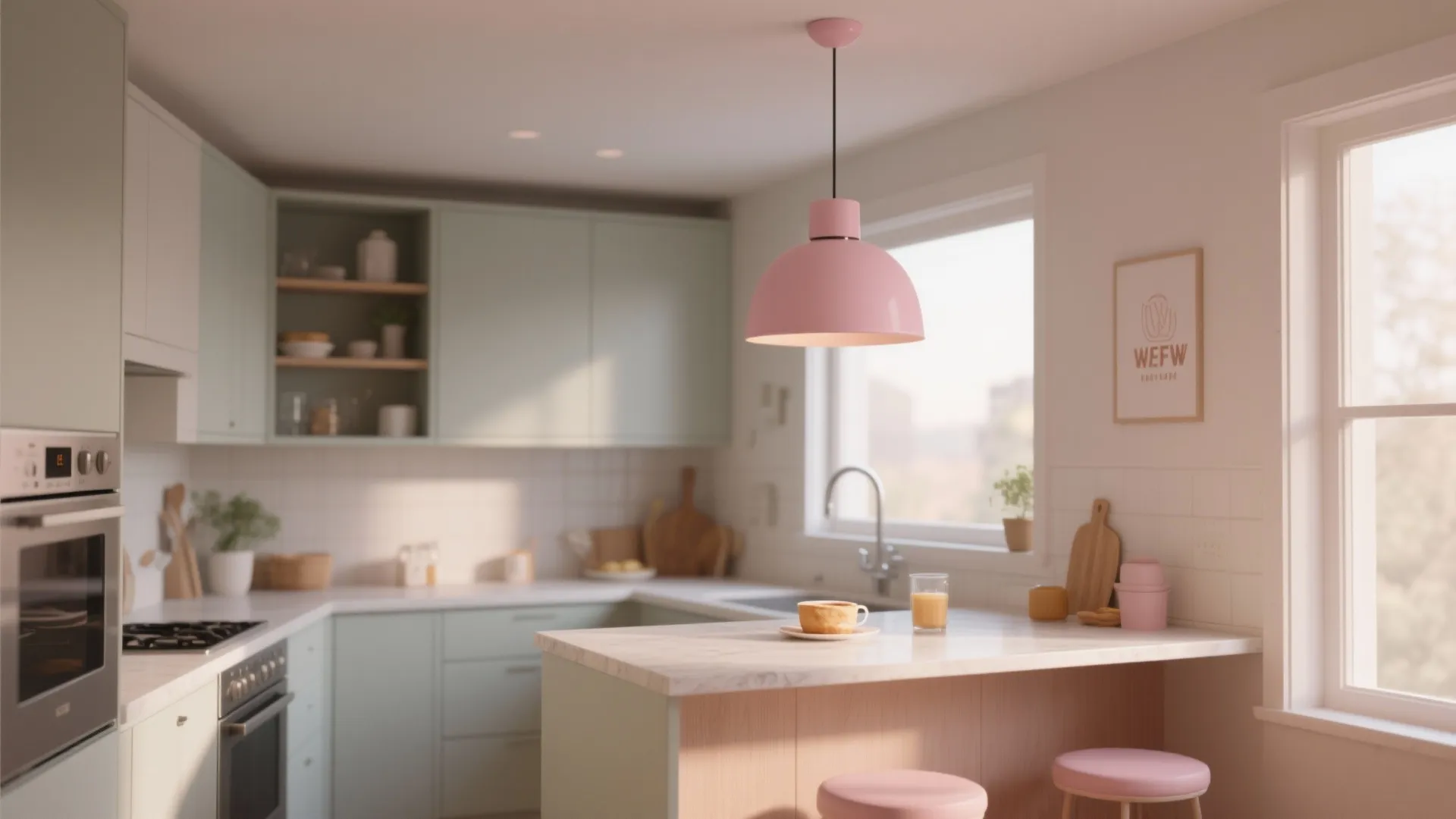 Compact kitchen nook with a single soft pink pendant light over a small breakfast bar.