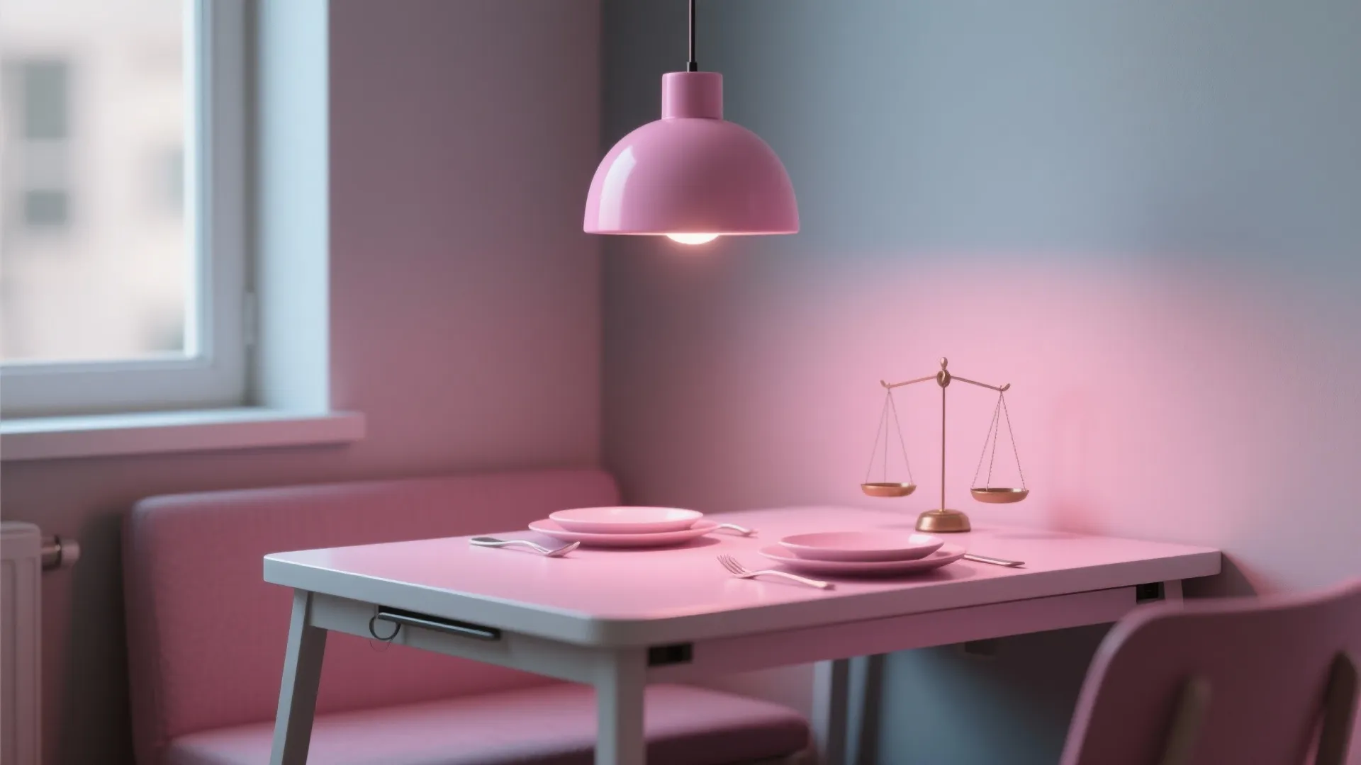 3. Statement Pink Pendant in a Micro Dining Area