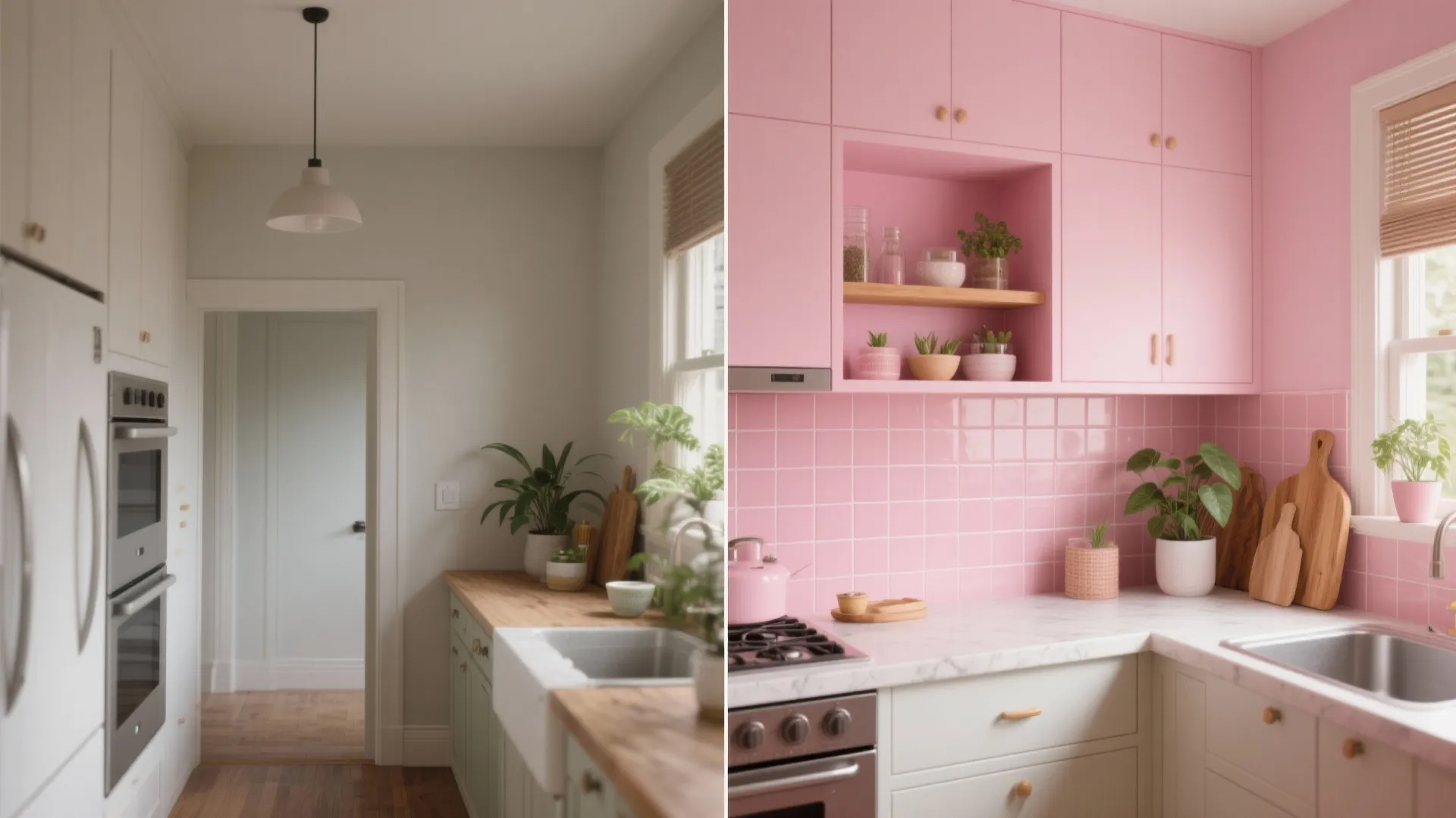 Before and after comparison showing a simple white kitchen transformed into a bright pink kitchen