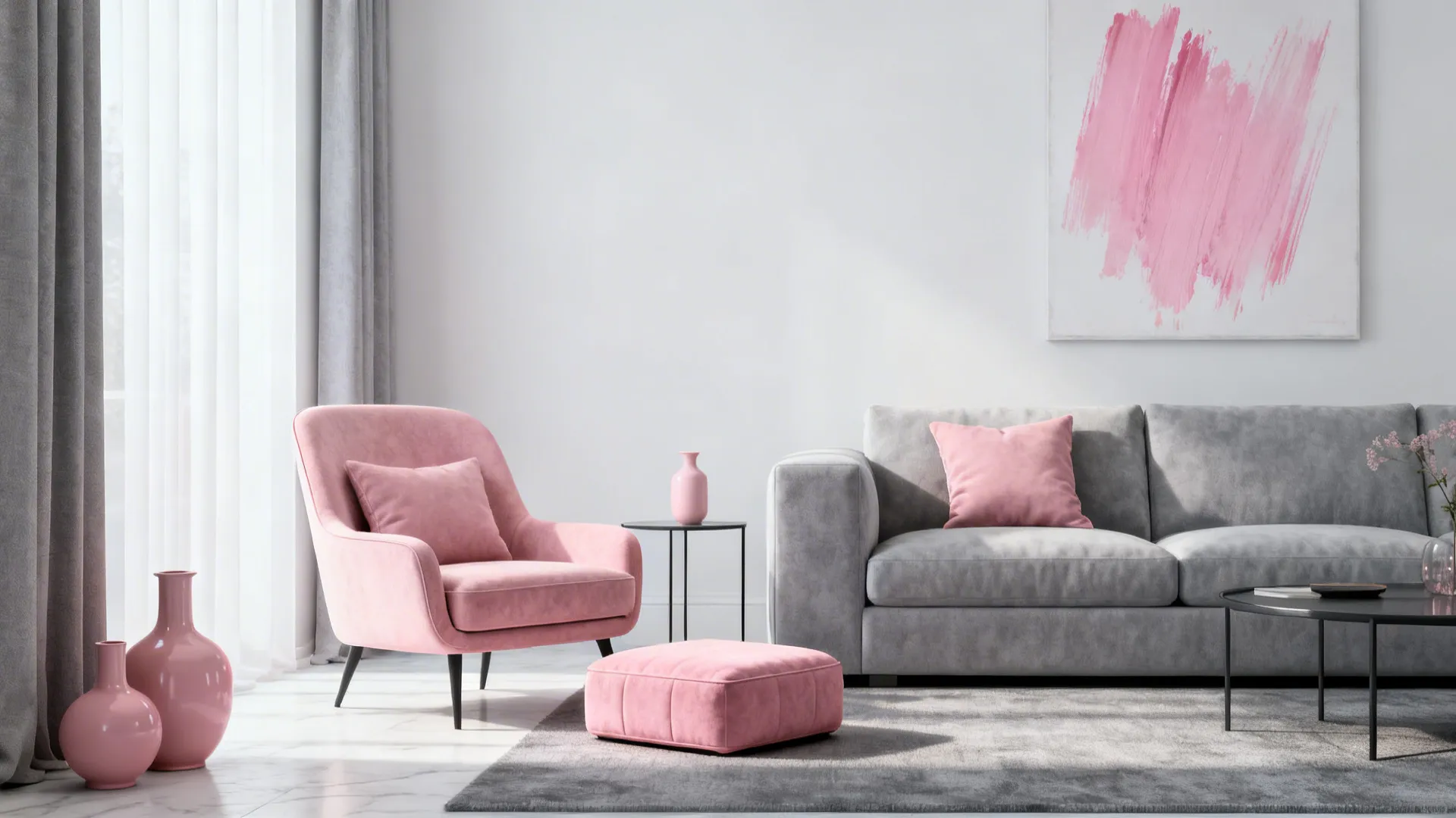 Modern living room with gray sofa pink armchair pink footrest and abstract pink wall art