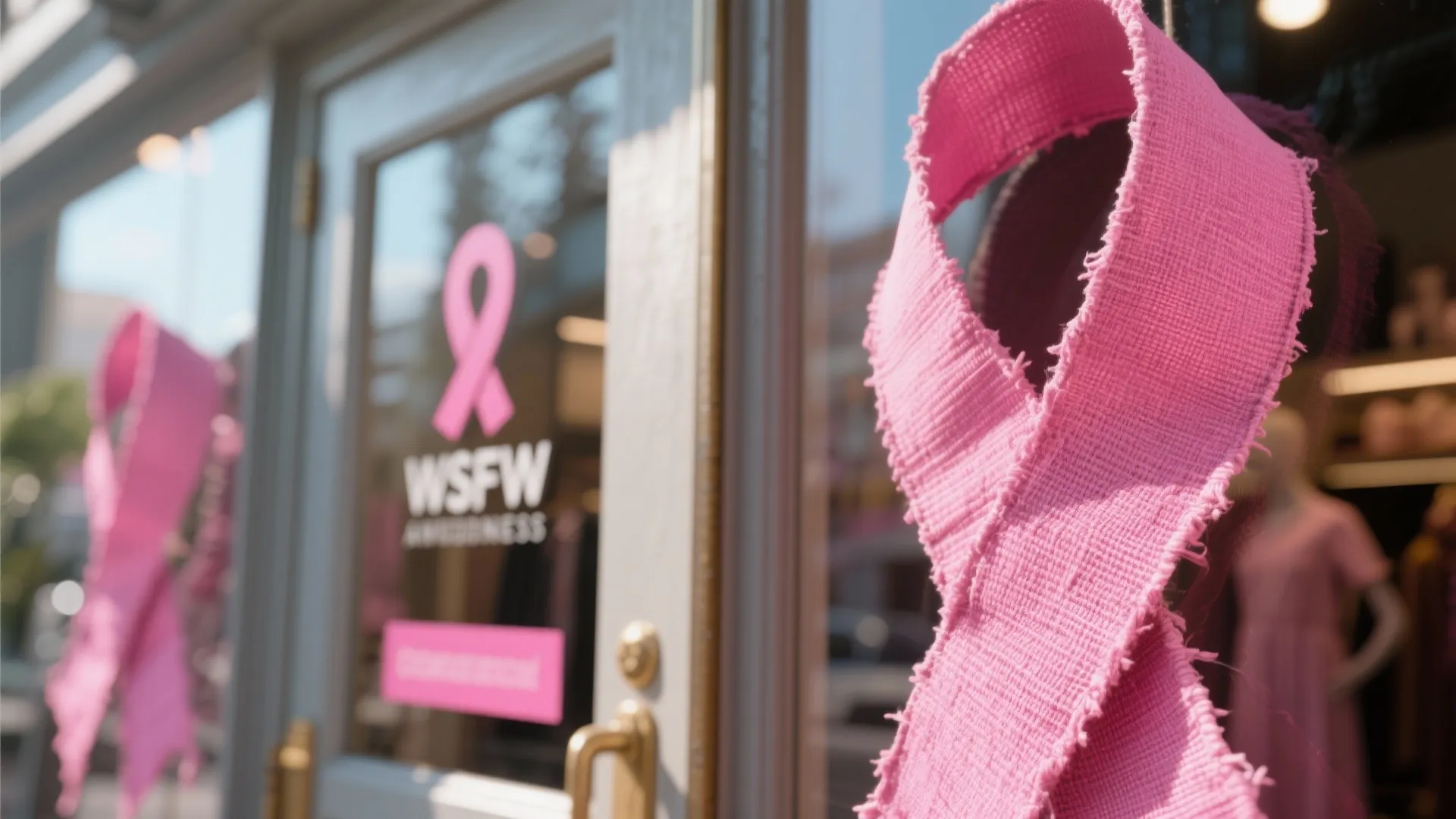 Oversized pink ribbon display made from recycled fabric