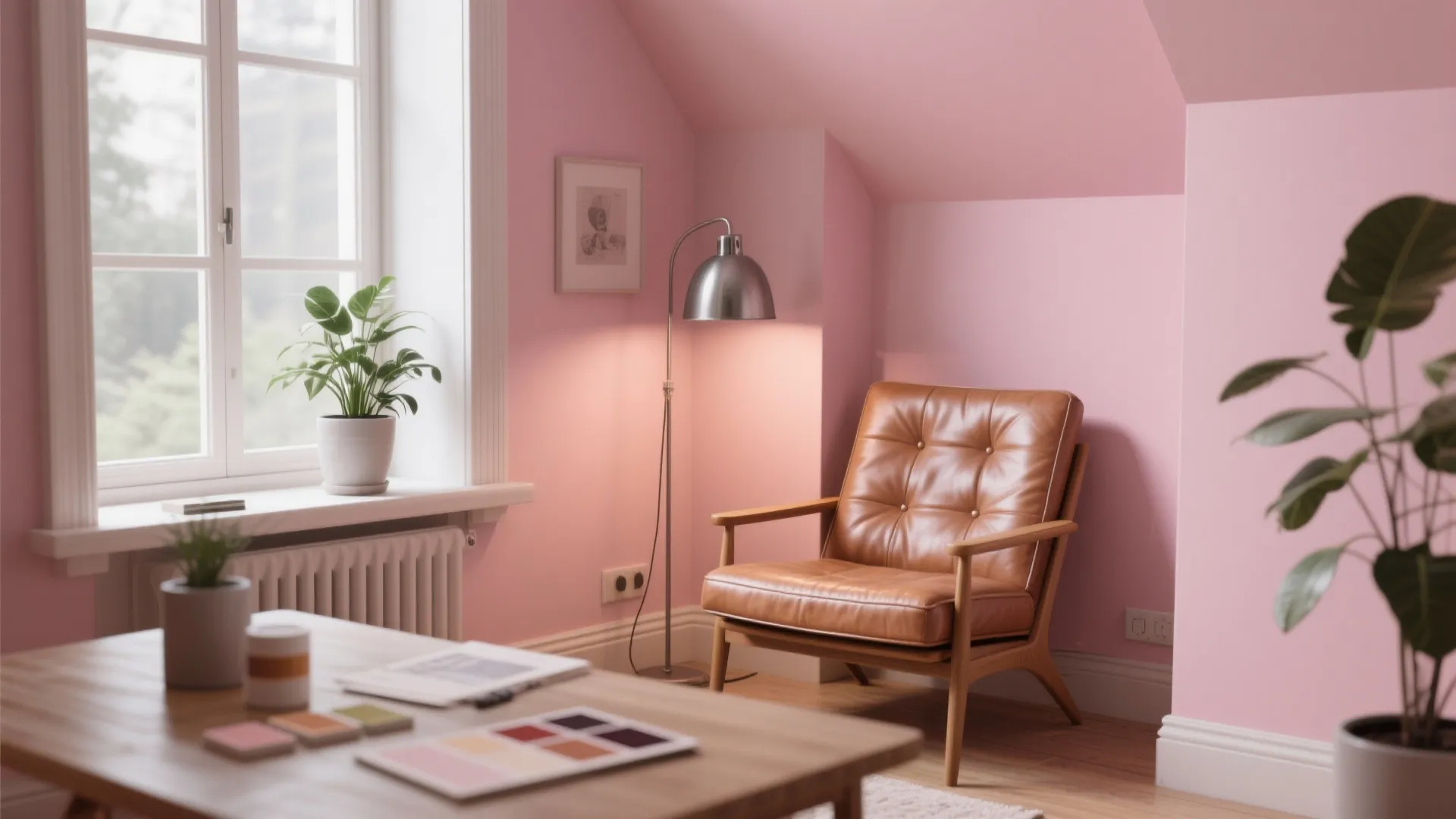 Cozy pink room with brown leather sofa silver floor lamp green plants and wooden coffee table