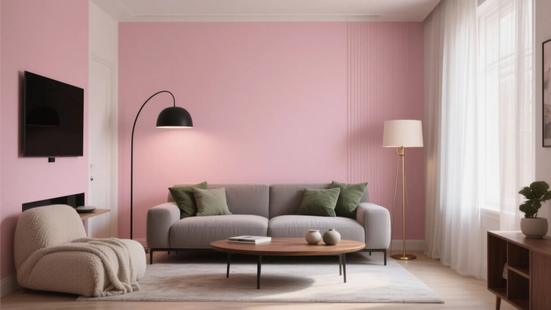Modern pink living room featuring grey sofa wood coffee table floor lamp and large wall panel