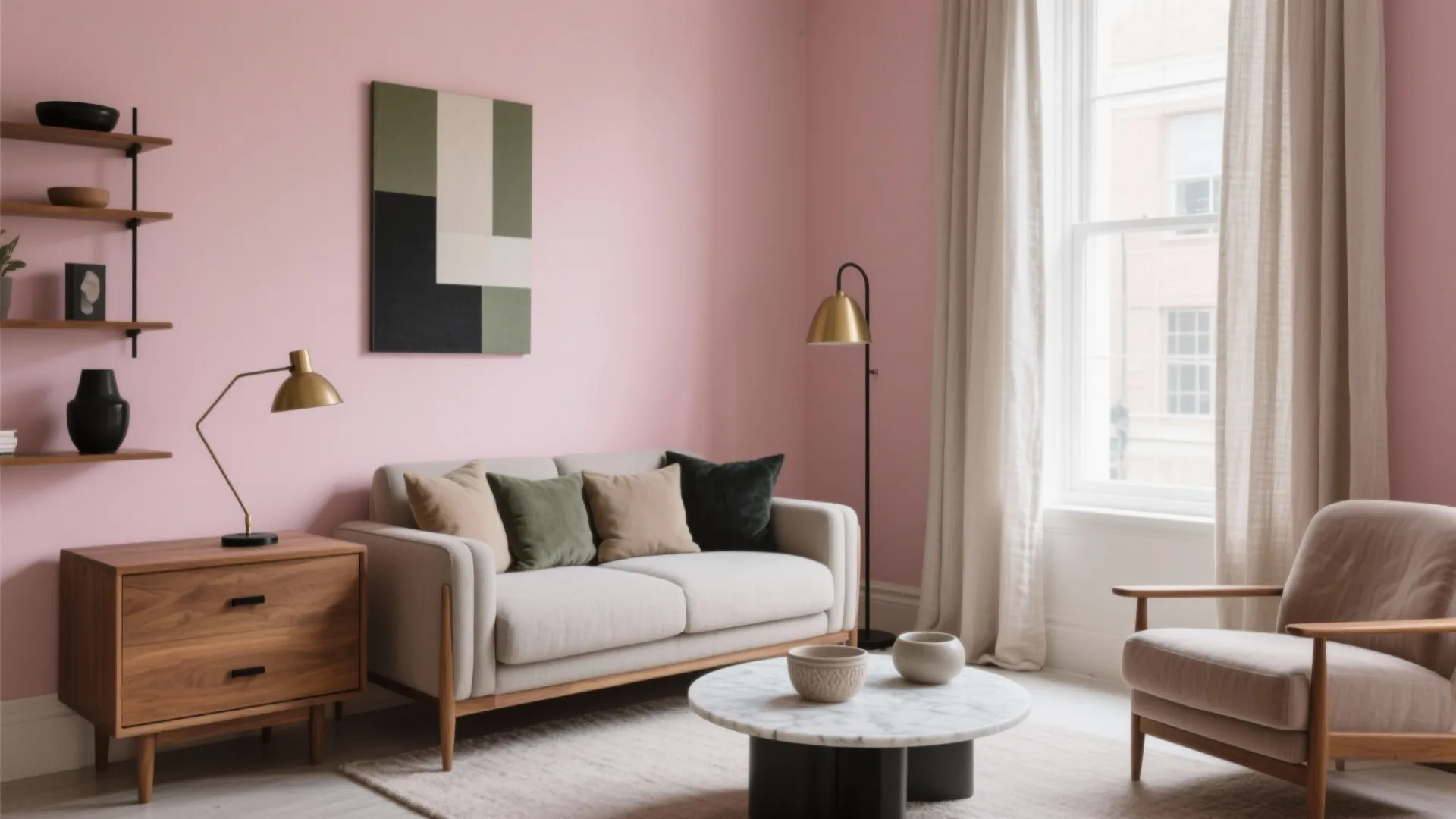 Modern living room with pink walls light grey sofa marble coffee table and gold lamps