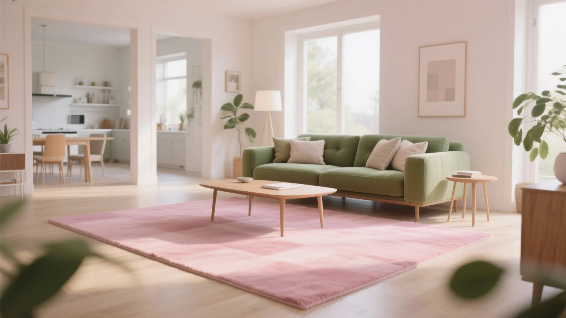 4. Pastel Pink Rug with Olive Green Sofa
