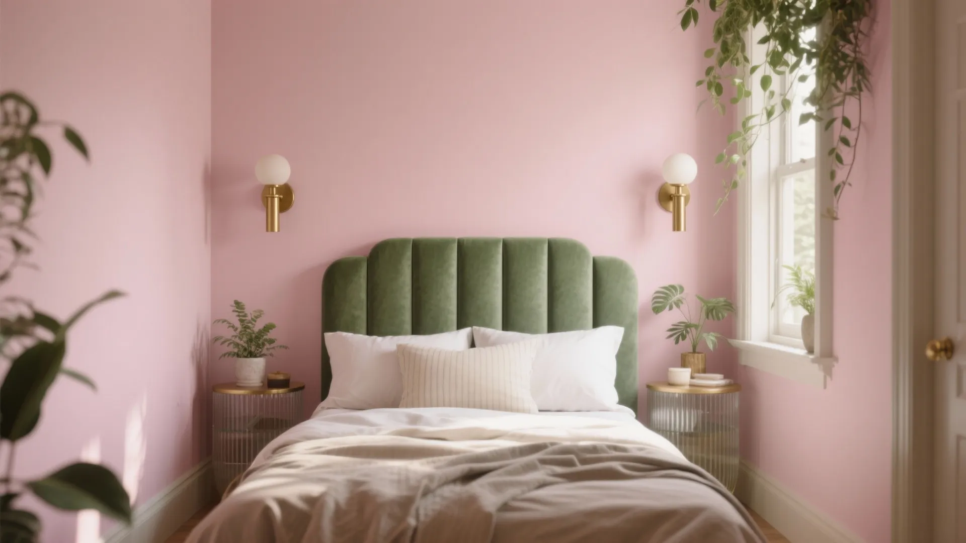 Pink bedroom with green velvet headboard brass wall light white bedding potted plants and natural light
