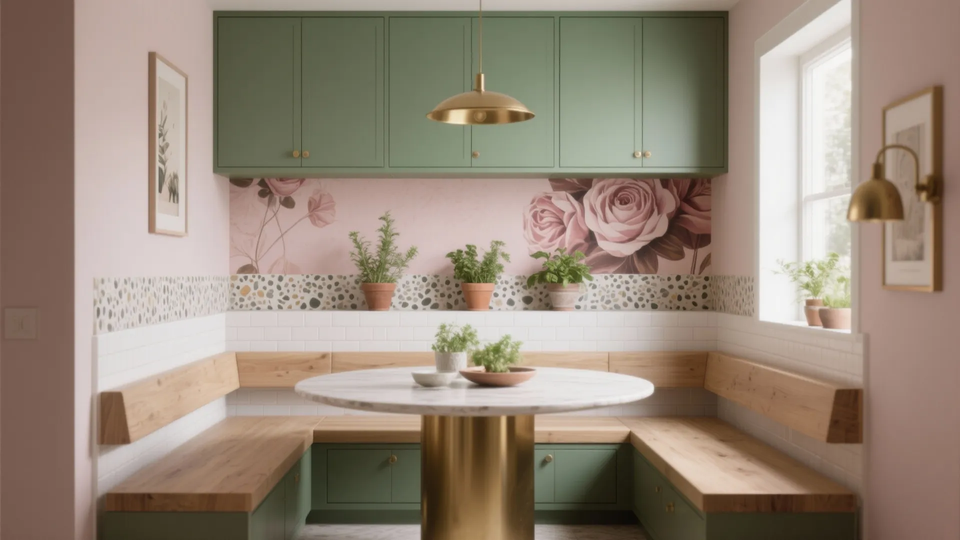 Pink + green (sage or olive) for biophilic freshness