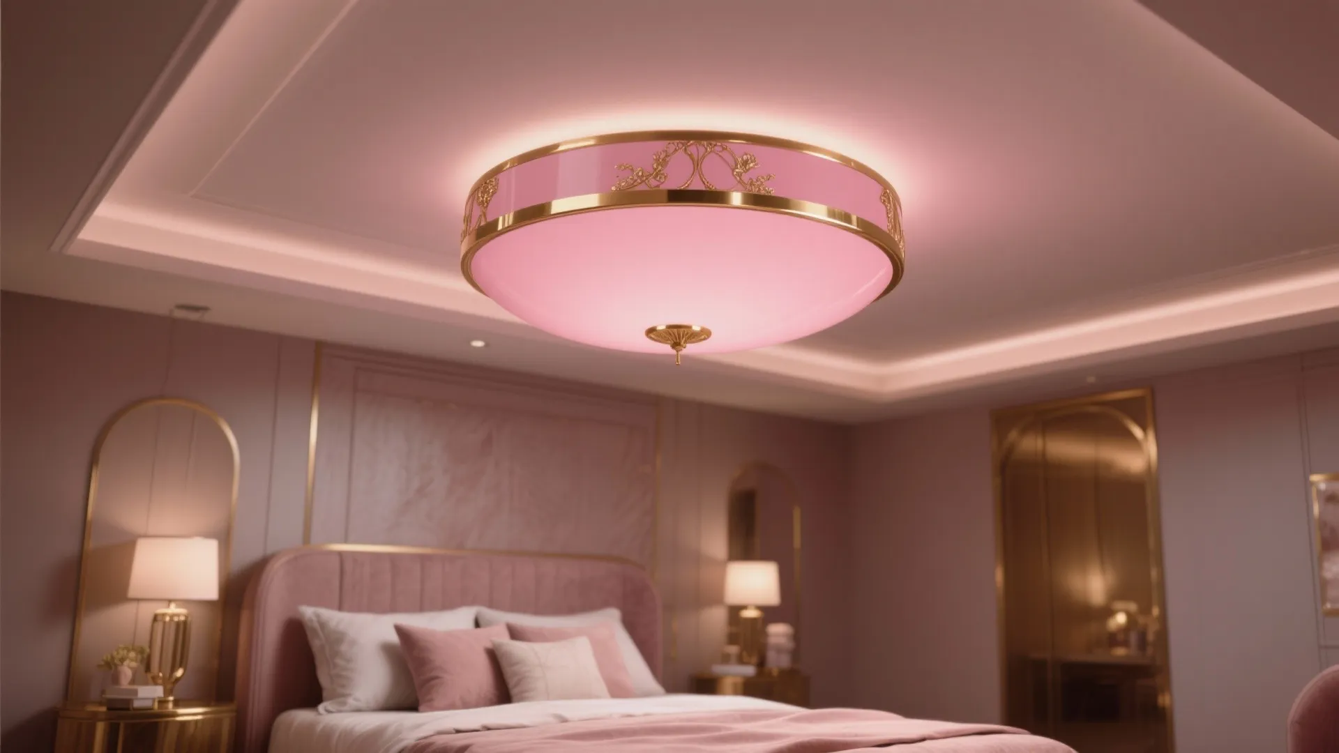 Elegant pink bedroom with gold ceiling light pink bed headboard white pillows and warm lighting