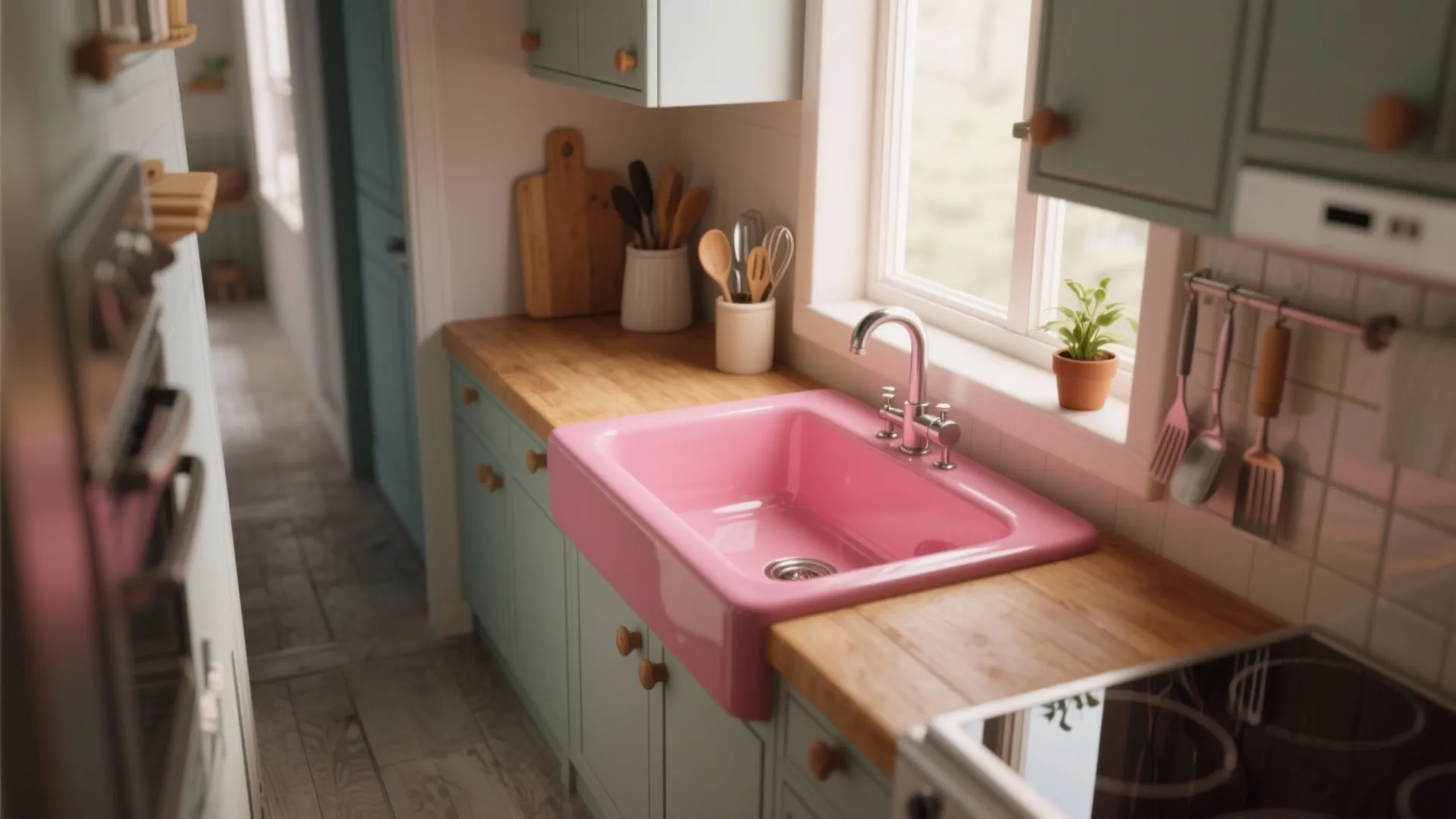 Bright pink kitchen sink with silver faucet set in wood countertop and green cabinet base
