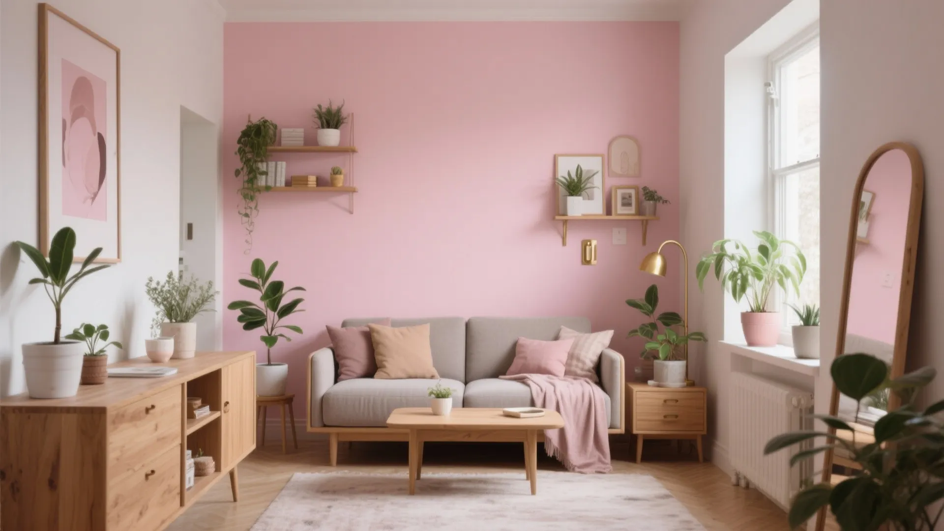 Small living room with pink accent wall grey sofa wooden cabinet green plants and lamp