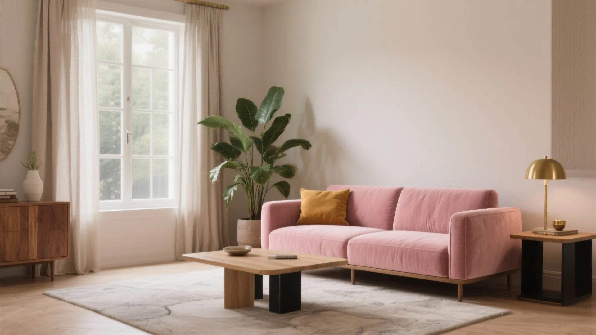 Bright living room featuring pink sofa wooden coffee table large green plant and gold lamp