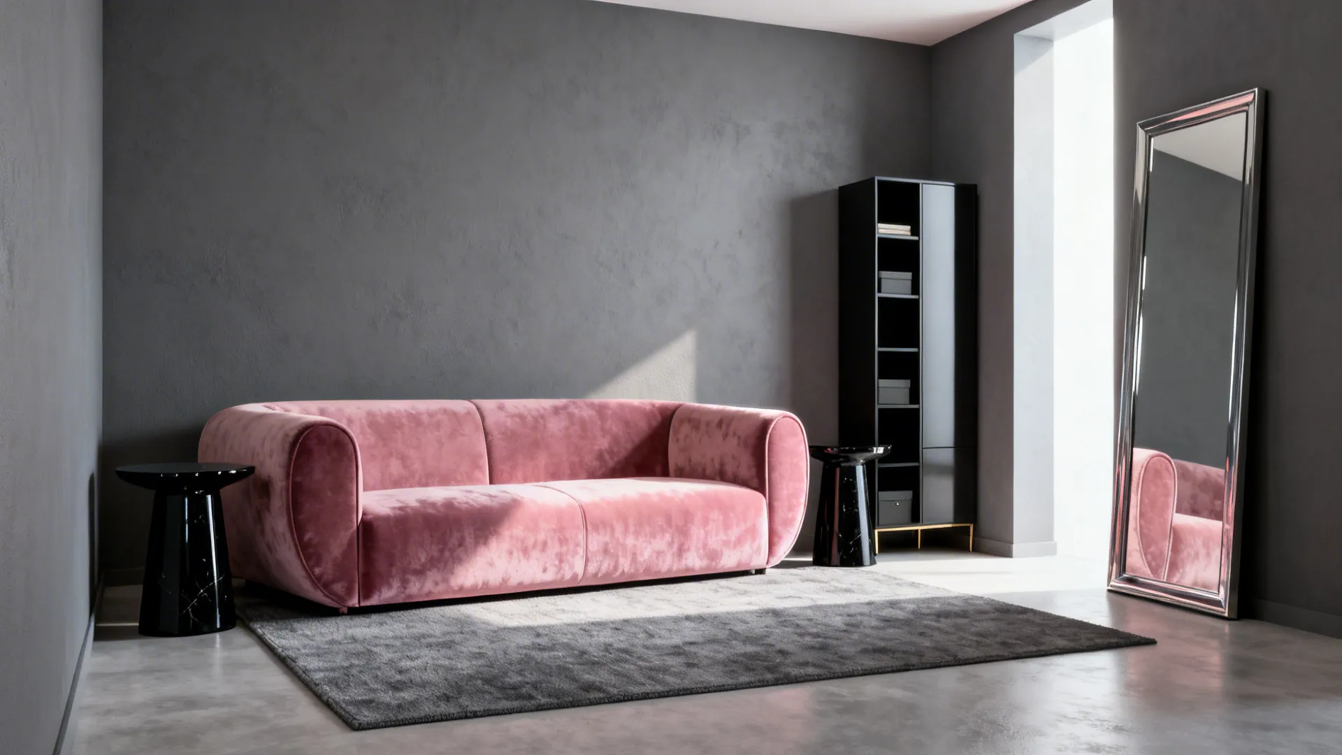 Rose-pink statement sofa against slate-grey walls with black side tables and mirror