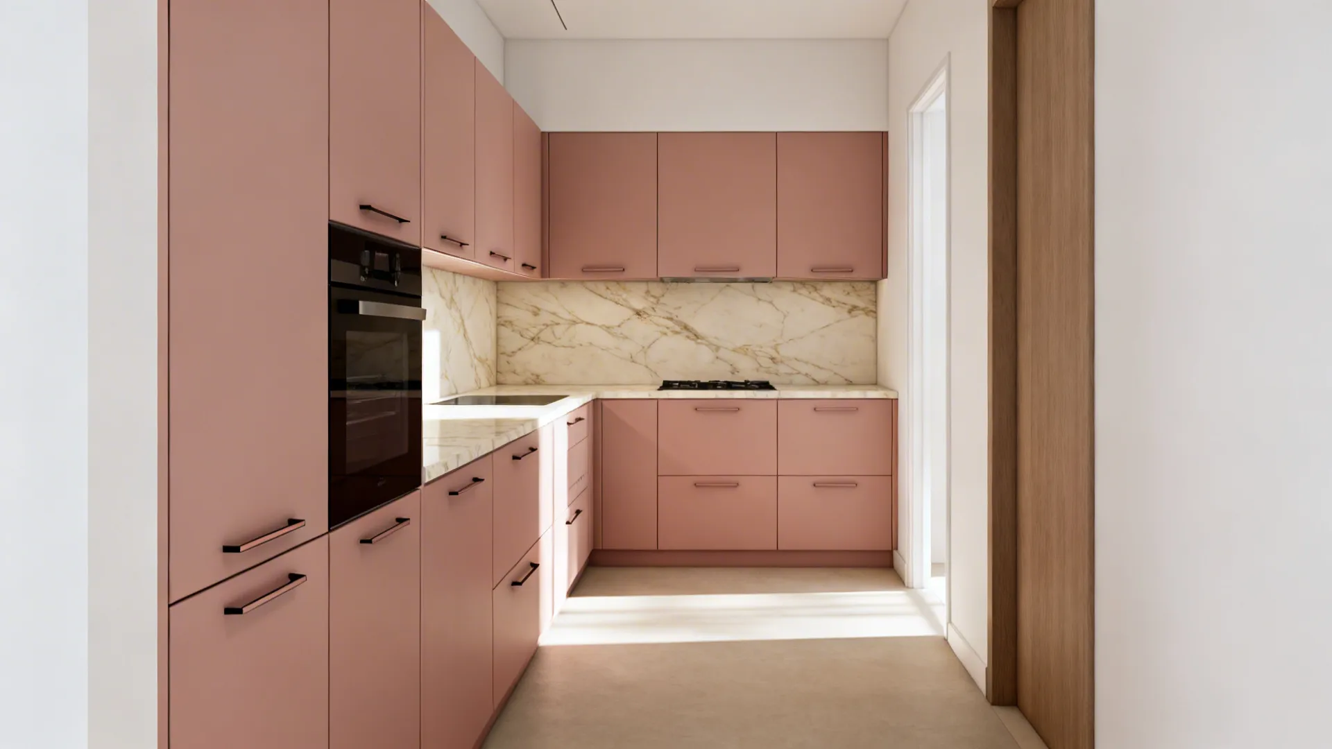 Nude-pink cabinets with creamy veined stone counters and thin finger pulls in a quiet luxury kitchen.