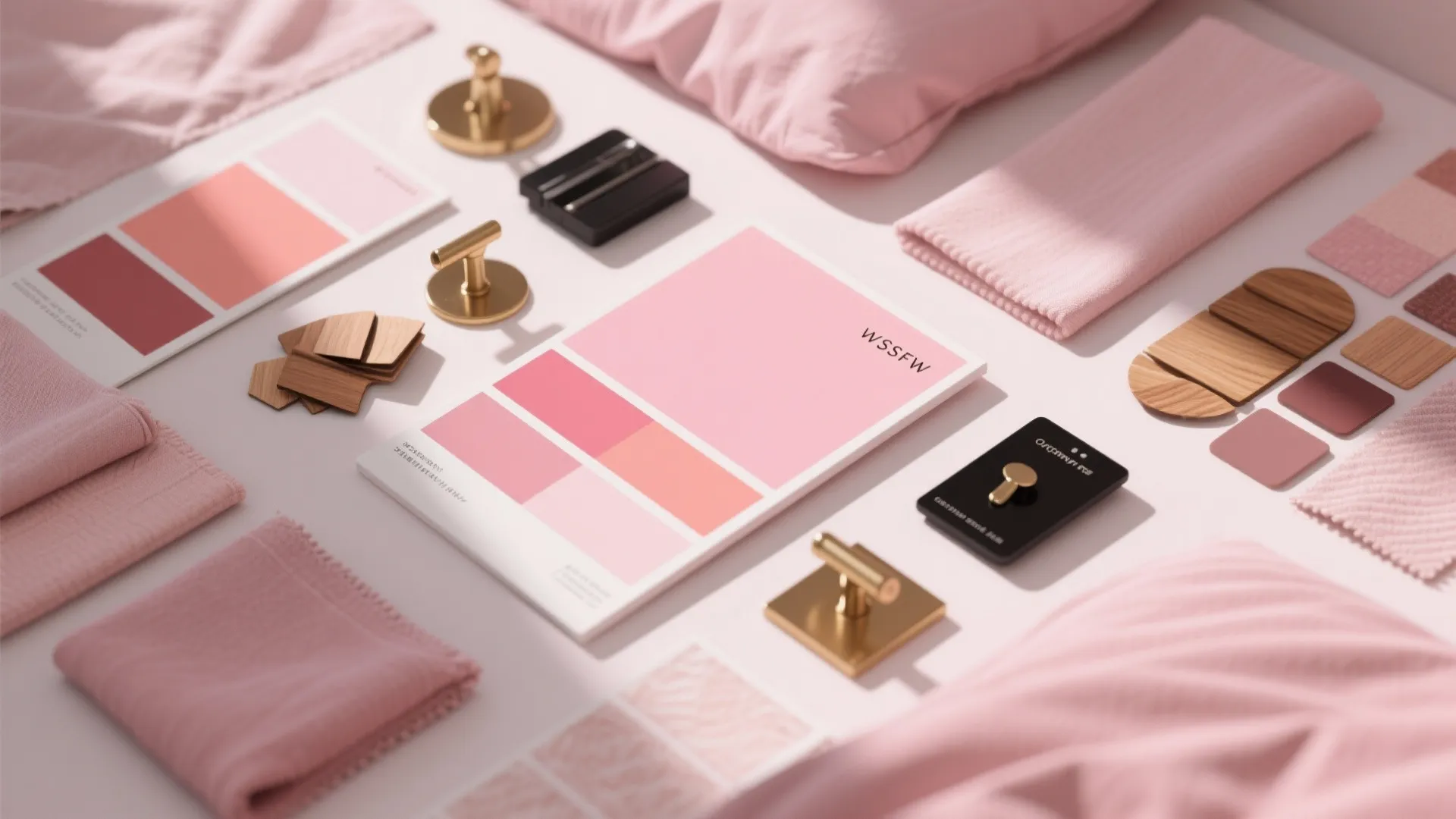 Flatlay of pink paint swatches, fabrics, wood and hardware samples for bedroom planning