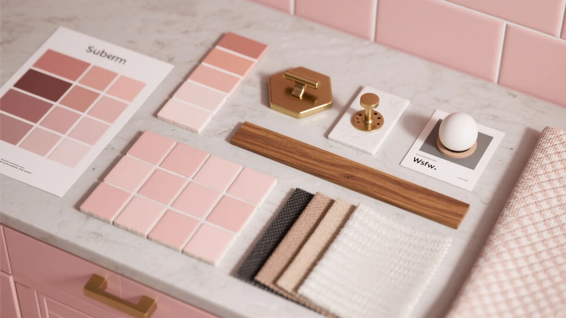 Interior design material board with pink tiles wood sample fabric swatches and gold cabinet handles