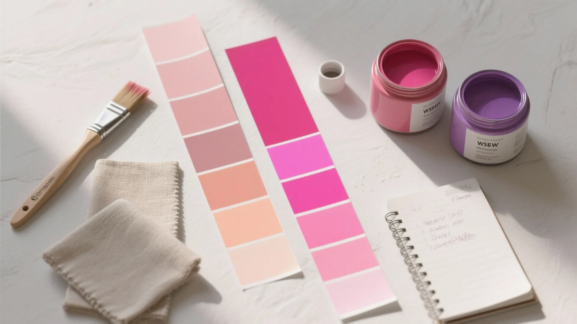 Pink paint color swatches with paint jars a brush and a small notebook on white table