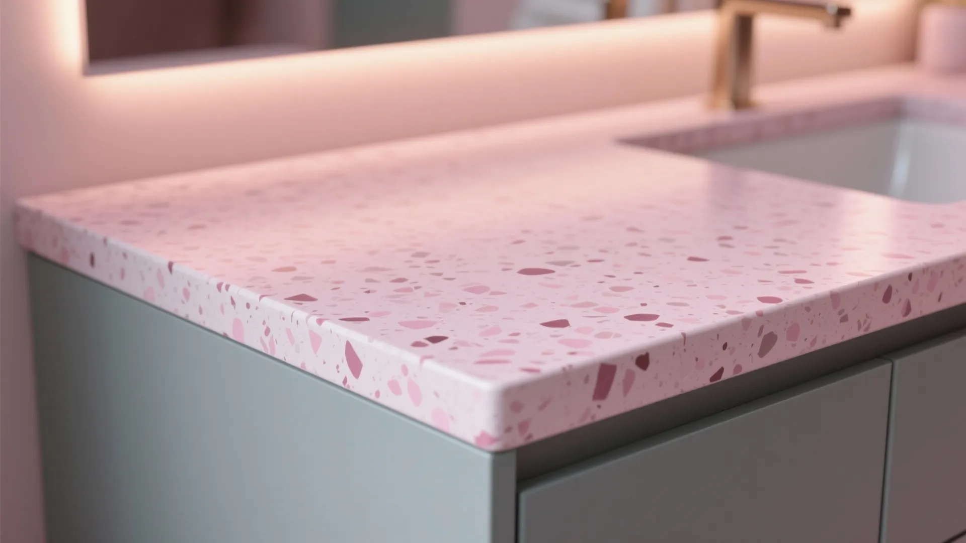 4. Pink terrazzo countertops and grey cabinetry