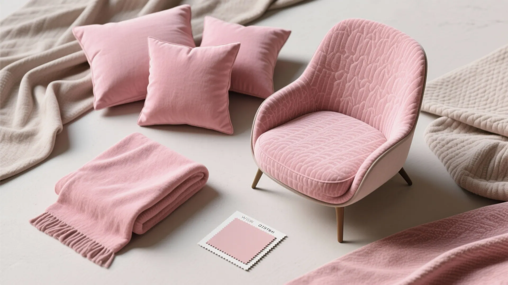 Flat lay of pink cushions and throws with neutral fabrics