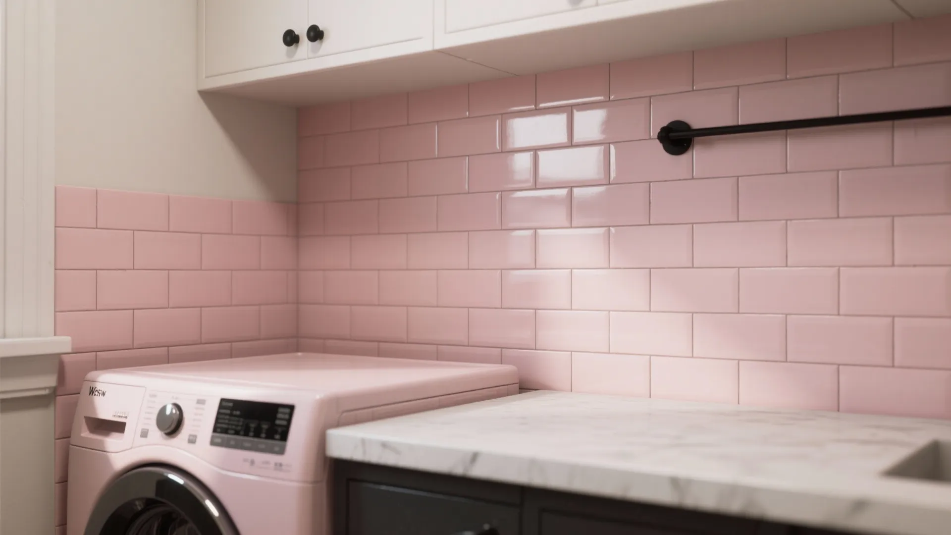 Pink subway wall tiles in laundry room with pink washing machine and white marble countertop design
