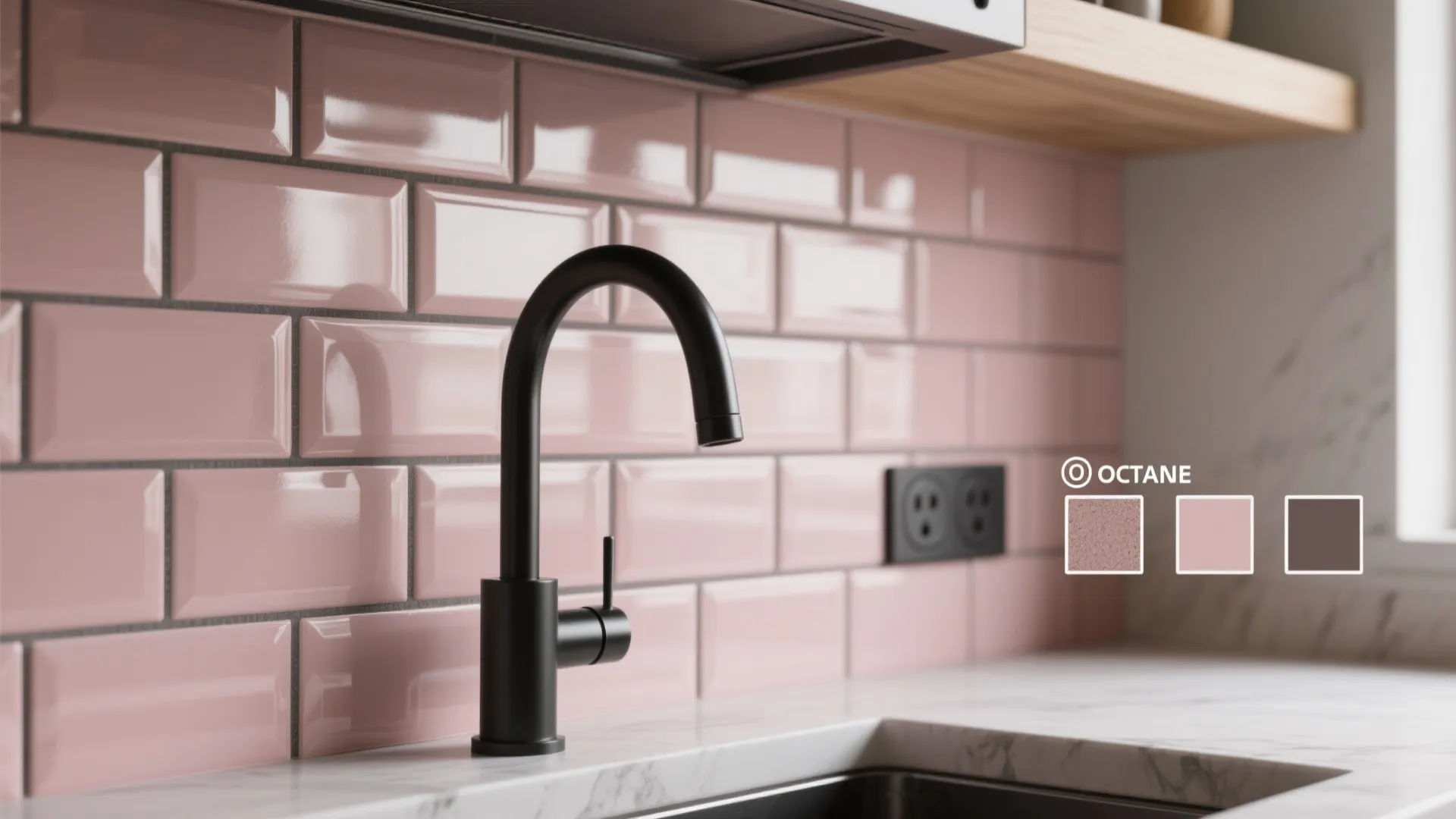 Close up of black water tap with pink wall tiles and marble countertop in kitchen