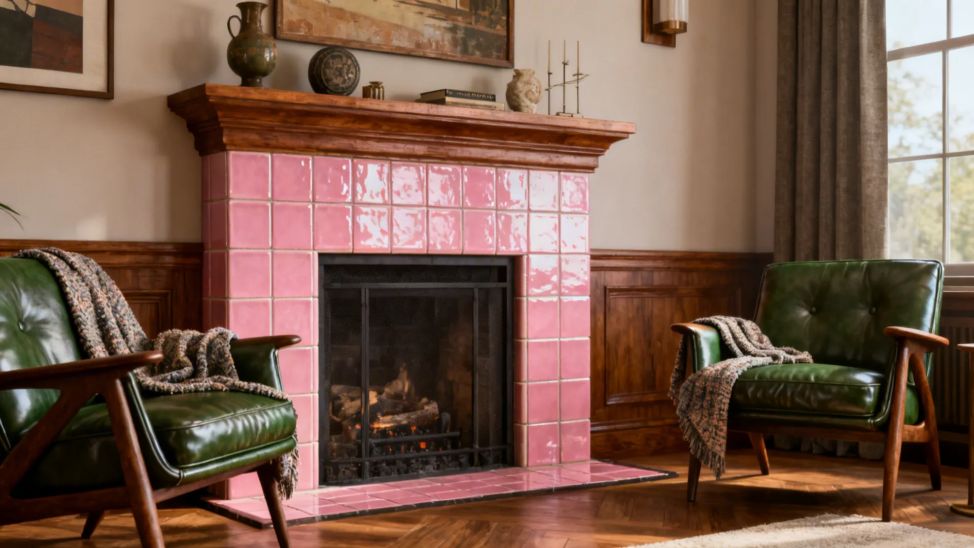 4. Pink Tile Fireplace + Green Leather Chairs