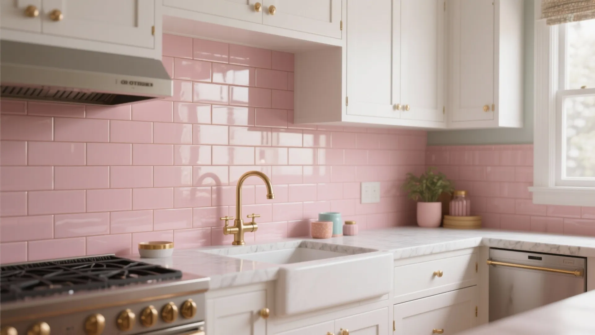 2. Pink tile backsplash with white shaker cabinets
