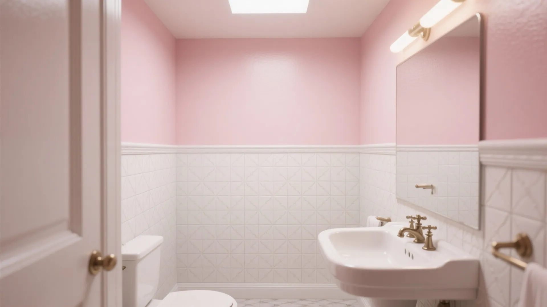 Two-tone bathroom with white patterned tile wainscoting and muted pink walls above