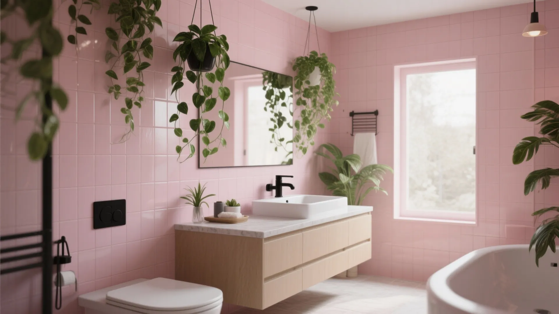 3. Pink Tiles + Greenery for Contrast