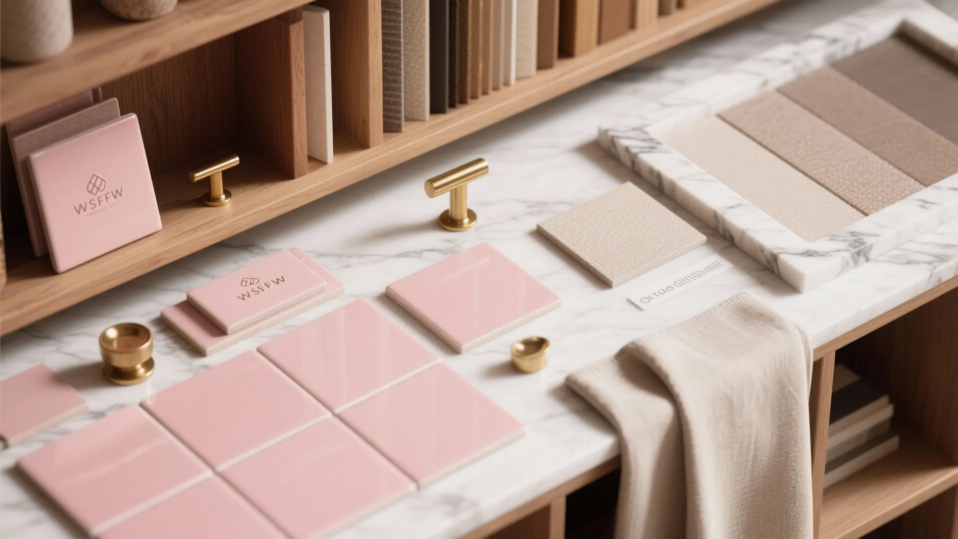 5. Mixed Materials: Pink Tiles, Wood Accents, and Brass Fixtures