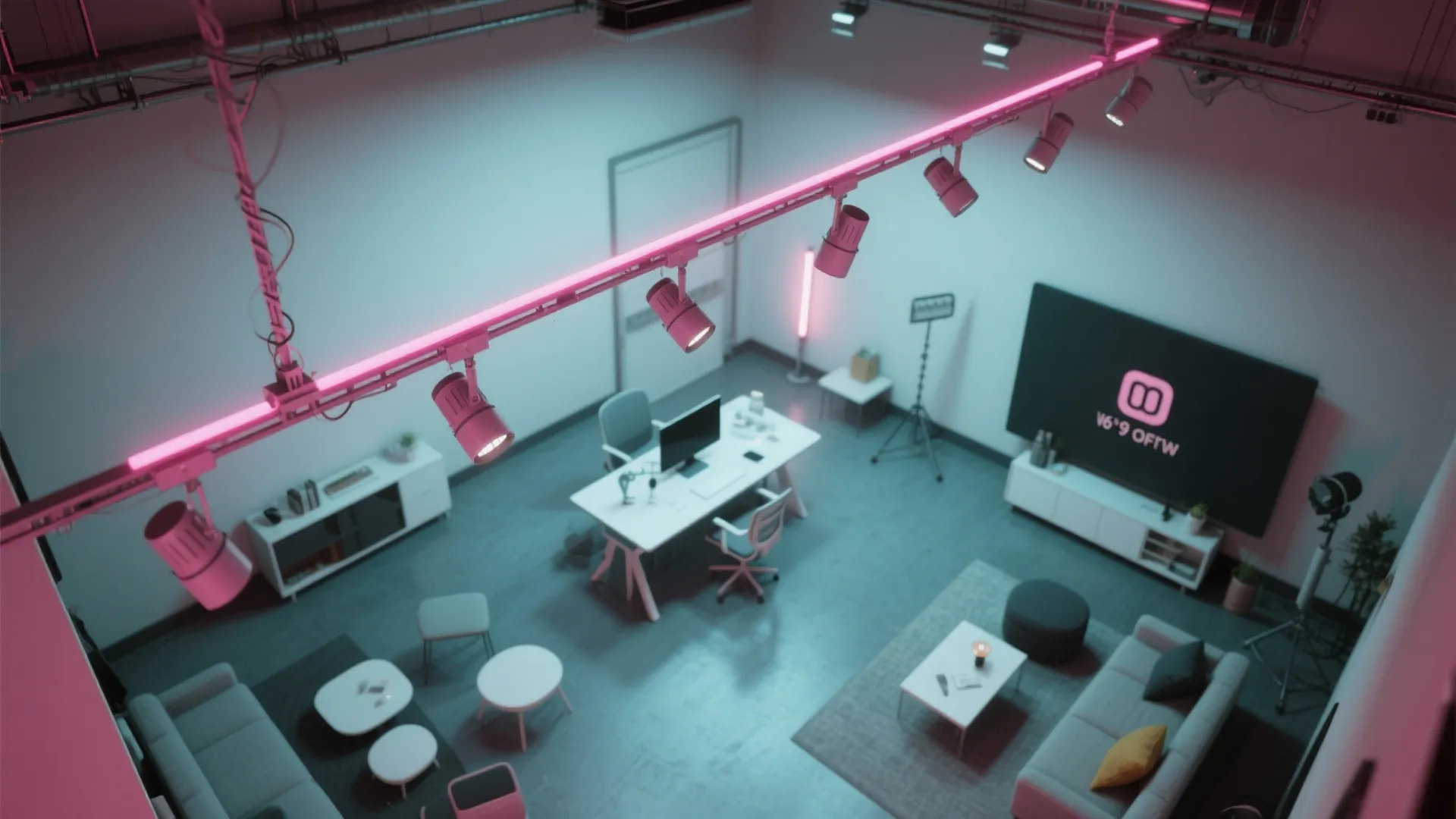 Modern office interior design drawing with pink track lighting white desks grey sofa and television