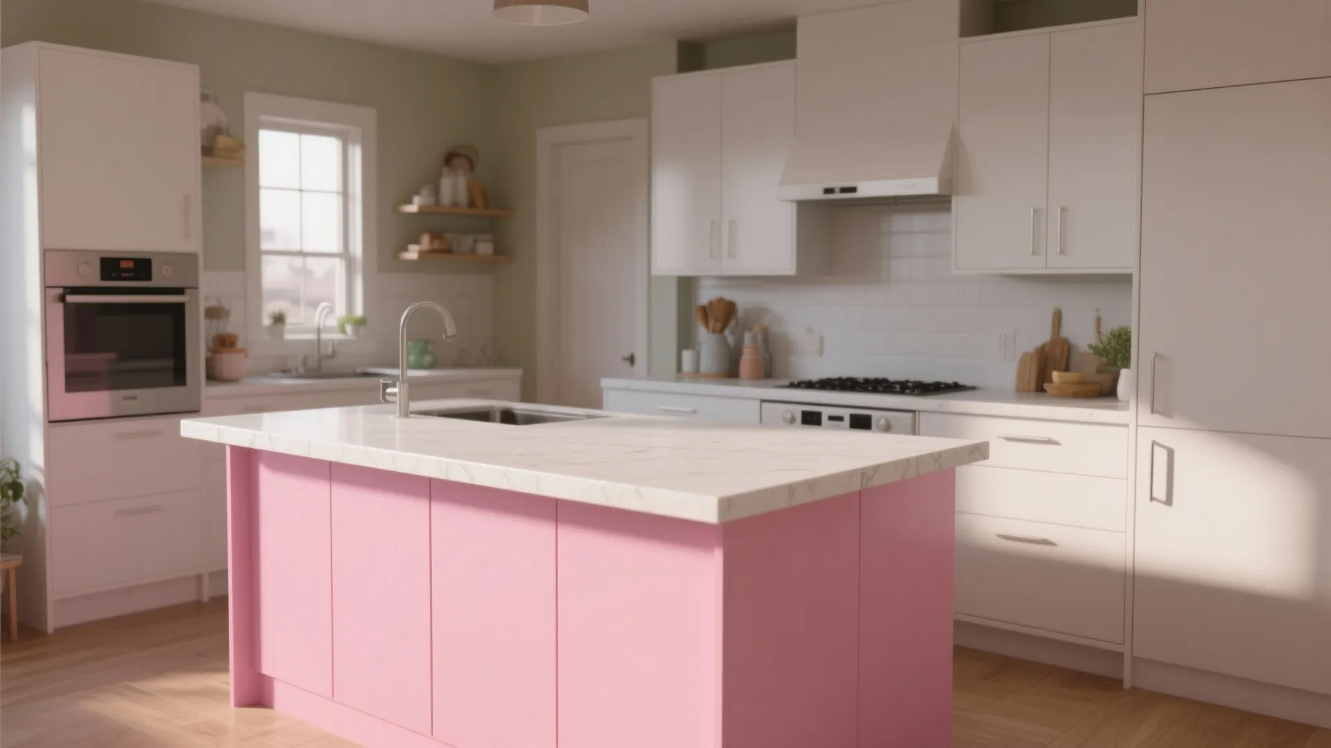 3. Two-tone island: pink base, white top