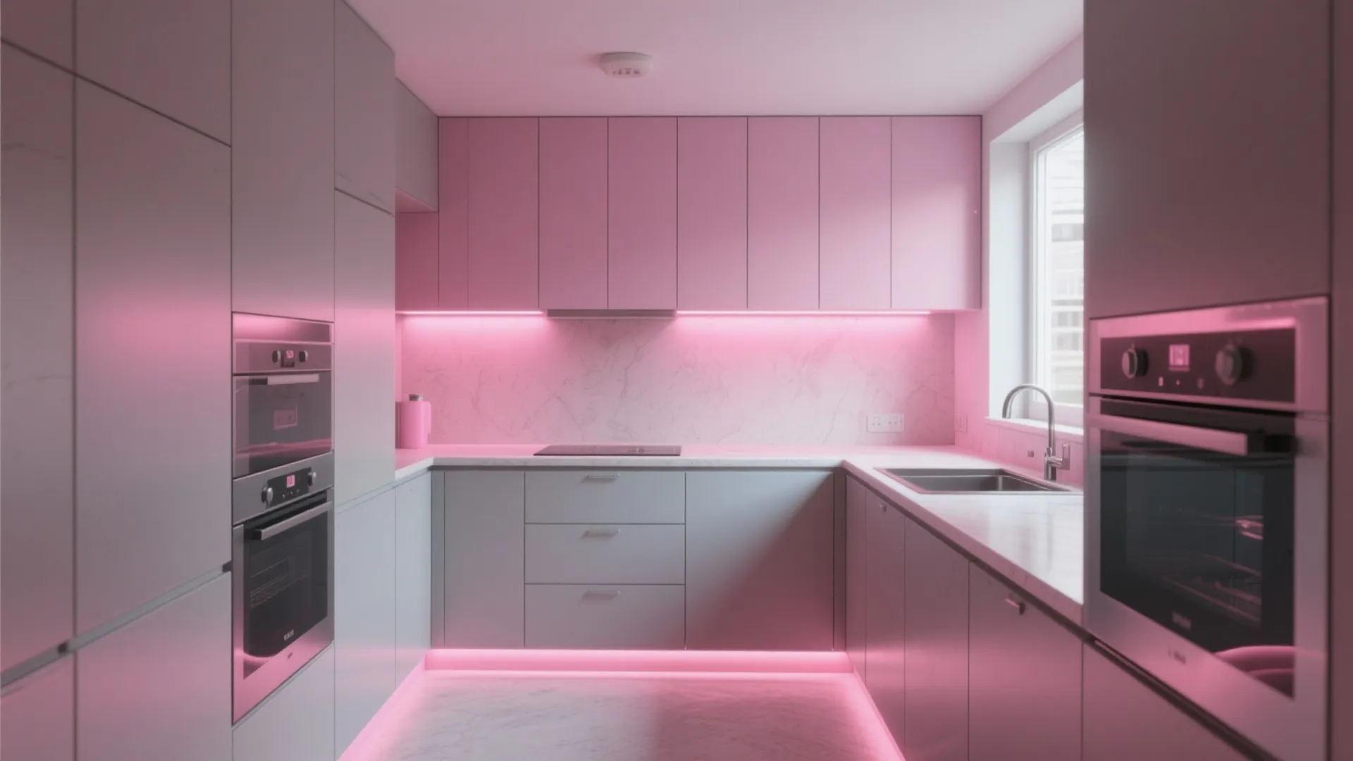 Compact kitchen with pink uplighting behind lower cabinets creating a lifted, airy feel.