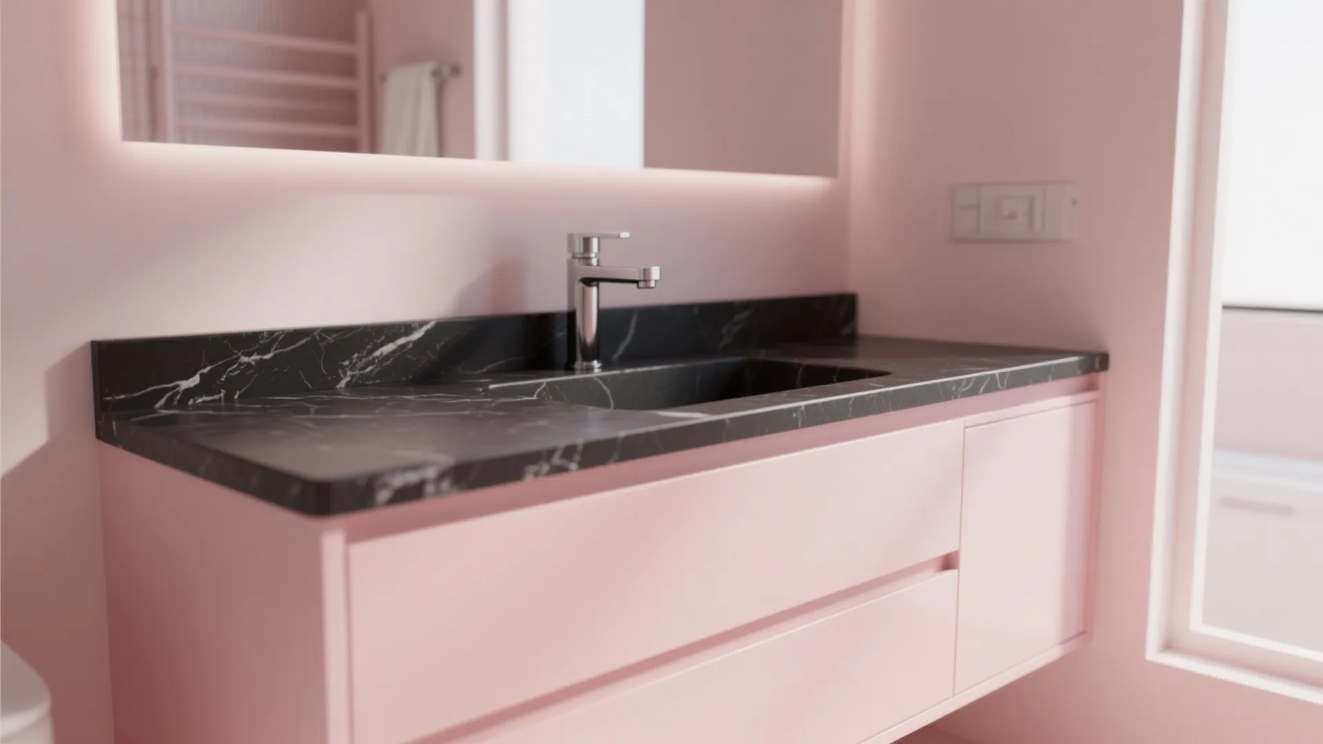 6. Soft Pink Vanity with Black Countertop