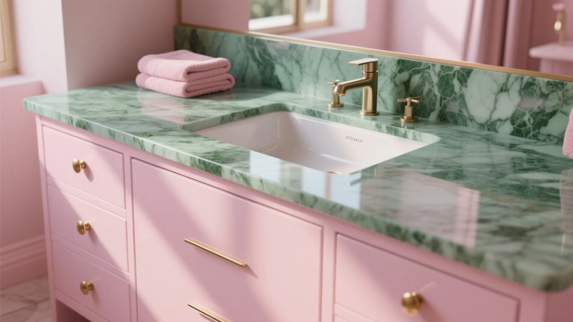 Soft pink lacquer vanity with a green-veined marble countertop and brass pulls.