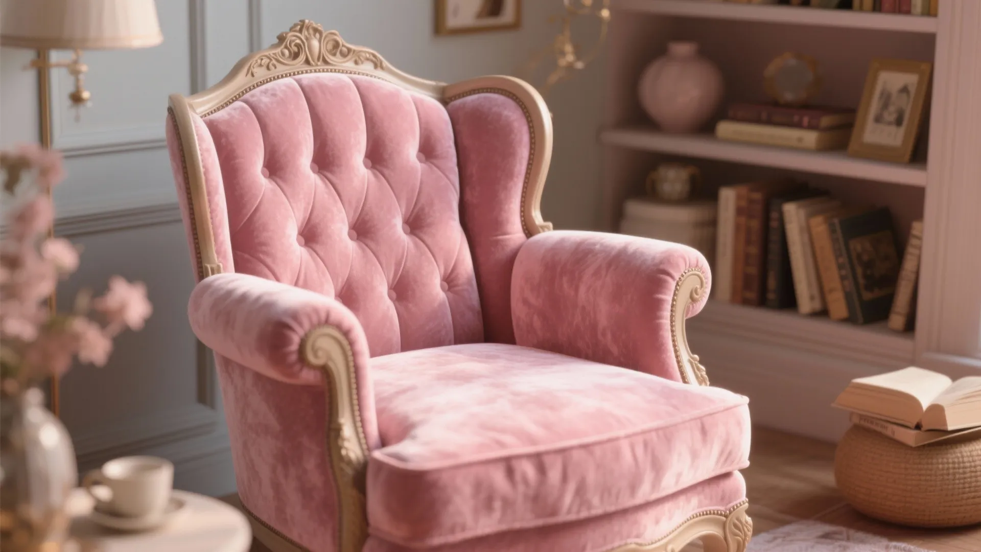 Pink velvet armchair in cozy reading nook