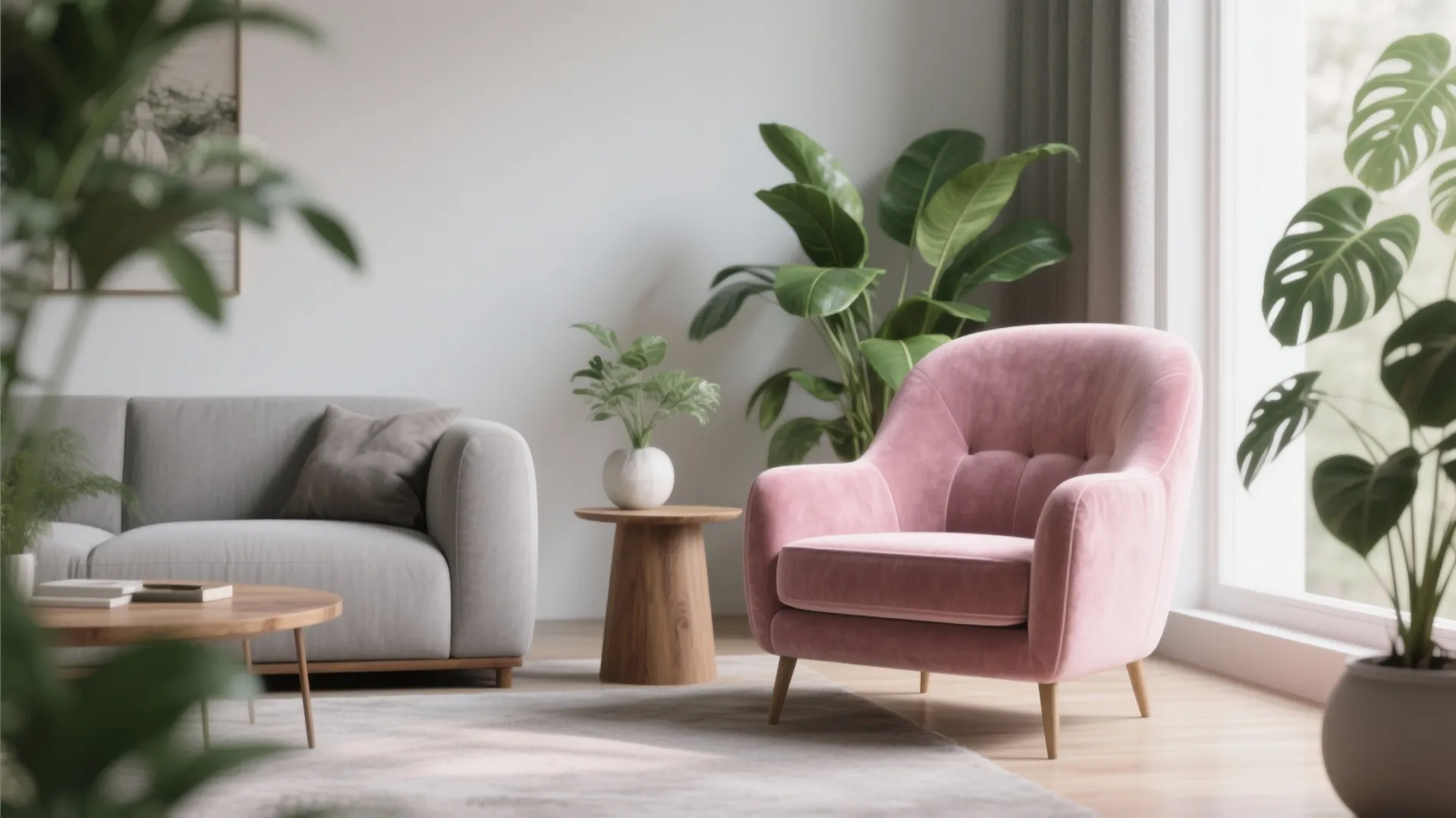 4. Pink Velvet Armchair in a Neutral Base