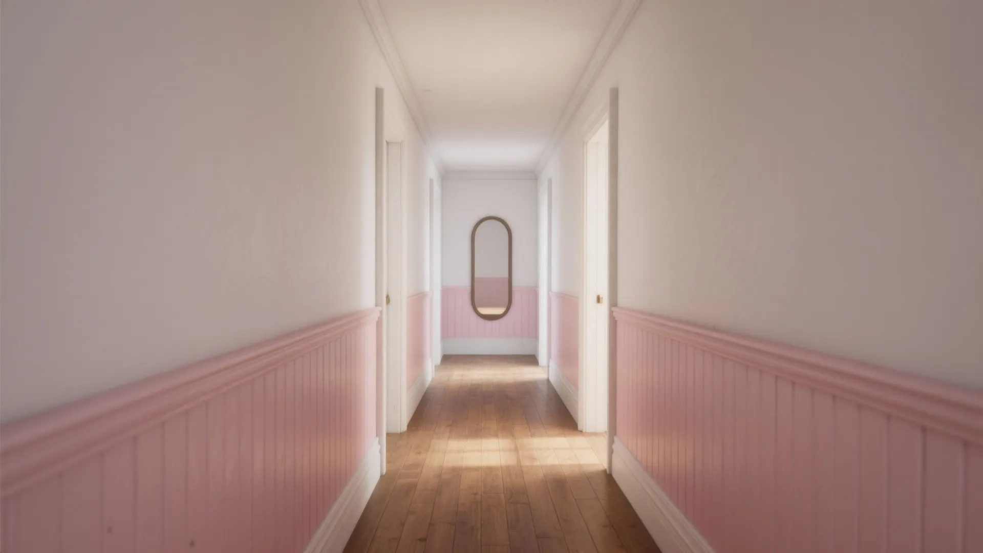 Long hallway featuring pink wall panels white walls wood floor and a mirror at the end