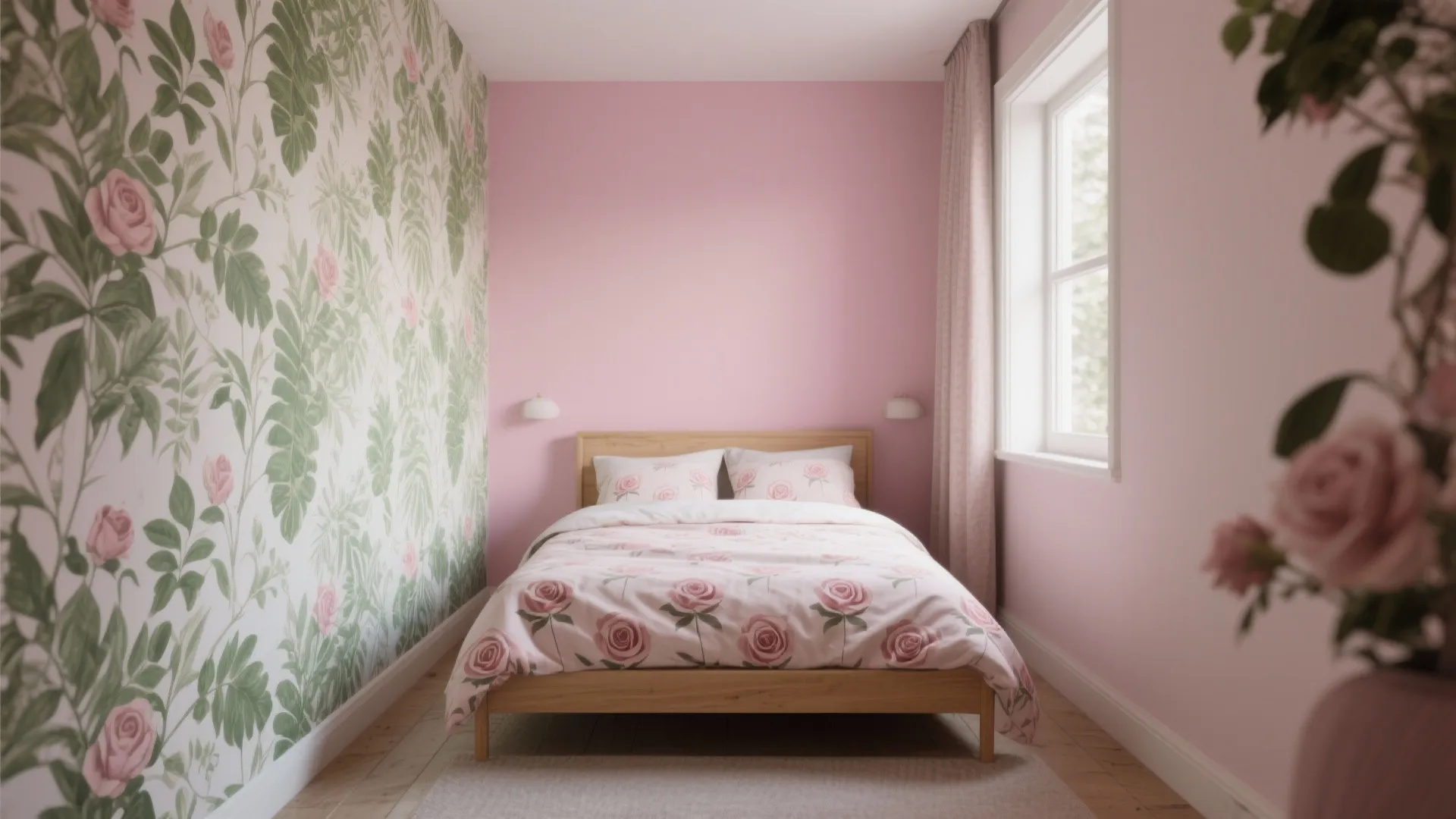 Pink bedroom with floral wallpaper wooden bed frame light curtains and rose patterned bedding set