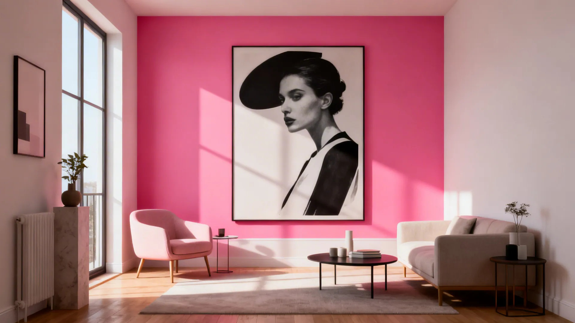 3. Pink Accent Wall with Graphic Black Art