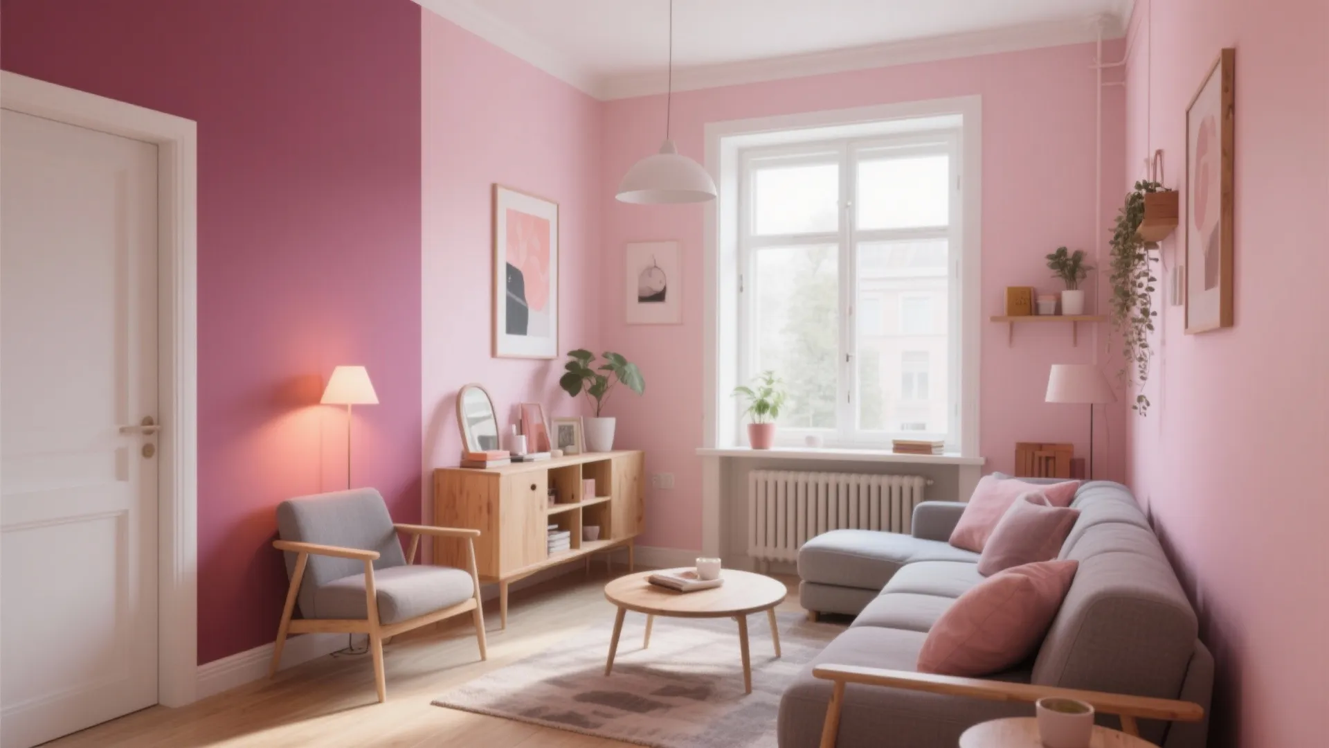 Modern pink living room with grey sofa wooden coffee table cabinet and natural light from window