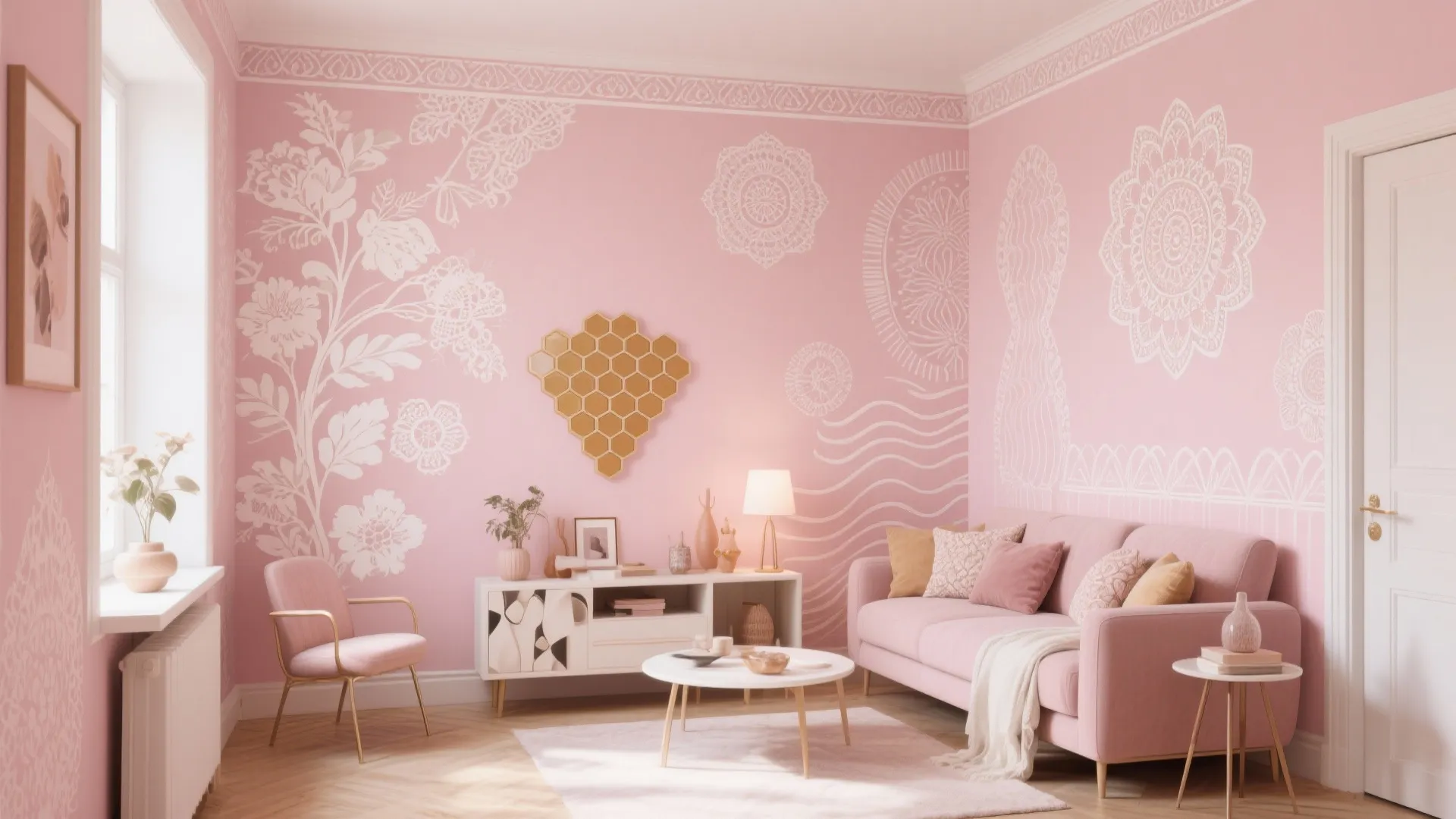 Pink living room with white floral wall patterns featuring a pink sofa and white coffee table