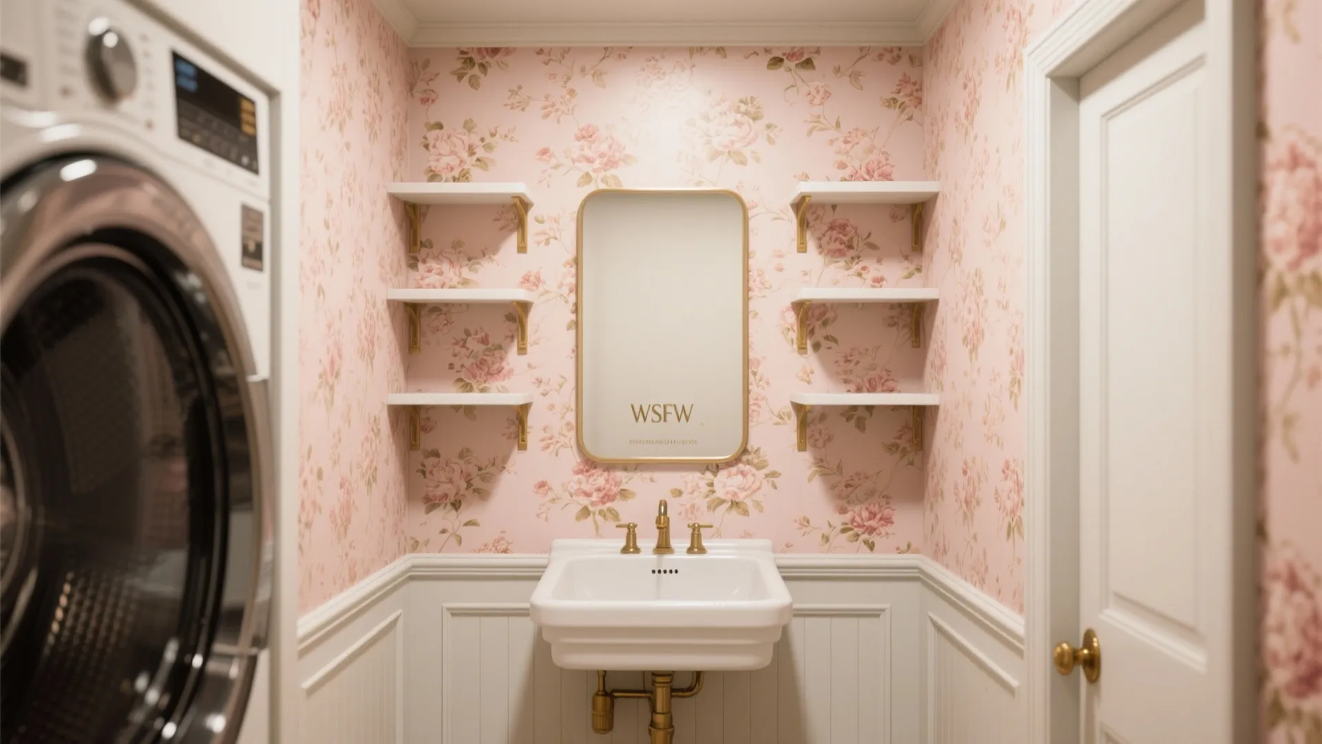 Small laundry room with pink floral wallpaper white sink gold faucet mirror and white shelves