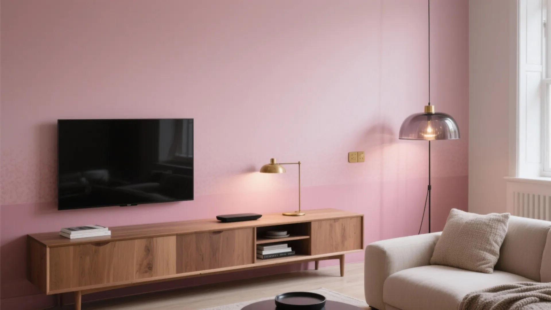 Modern pink living room featuring a wooden cabinet with TV desk lamp and floor light