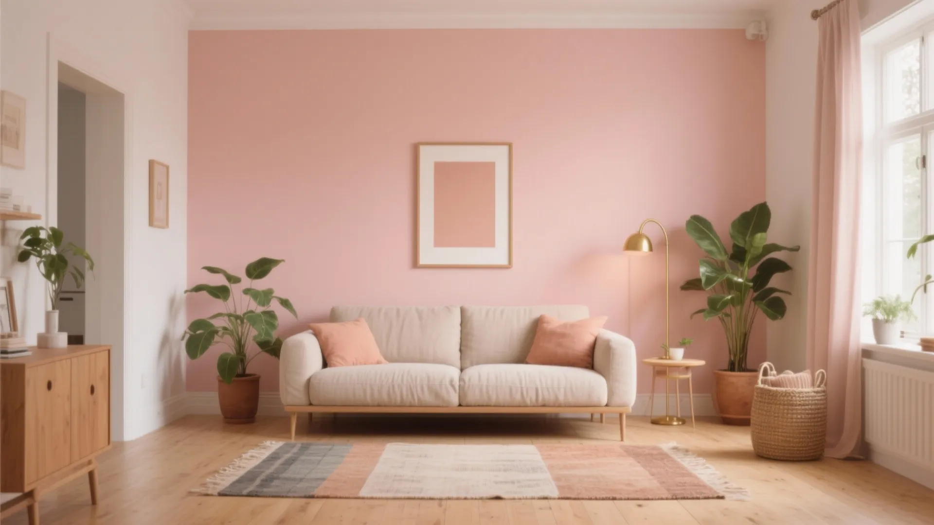Minimalist living room with pink walls cream sofa green plants wood floor and gold lamp