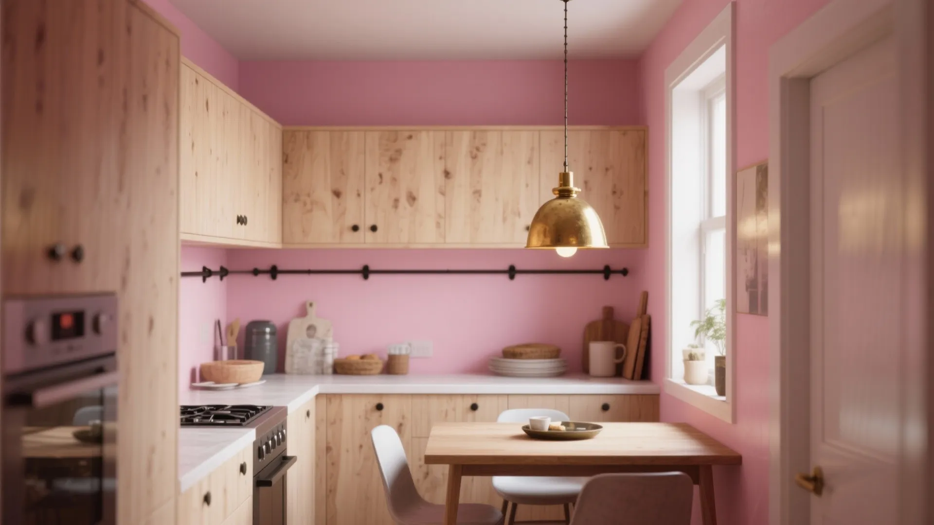 Pink kitchen with wood cabinets a dining table gold ceiling light and white window frame