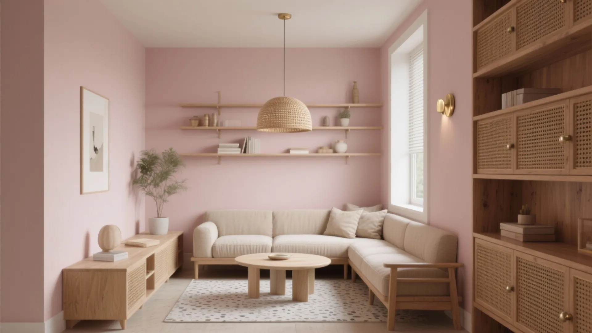 Pink + wood and soft metals for serene warmth
