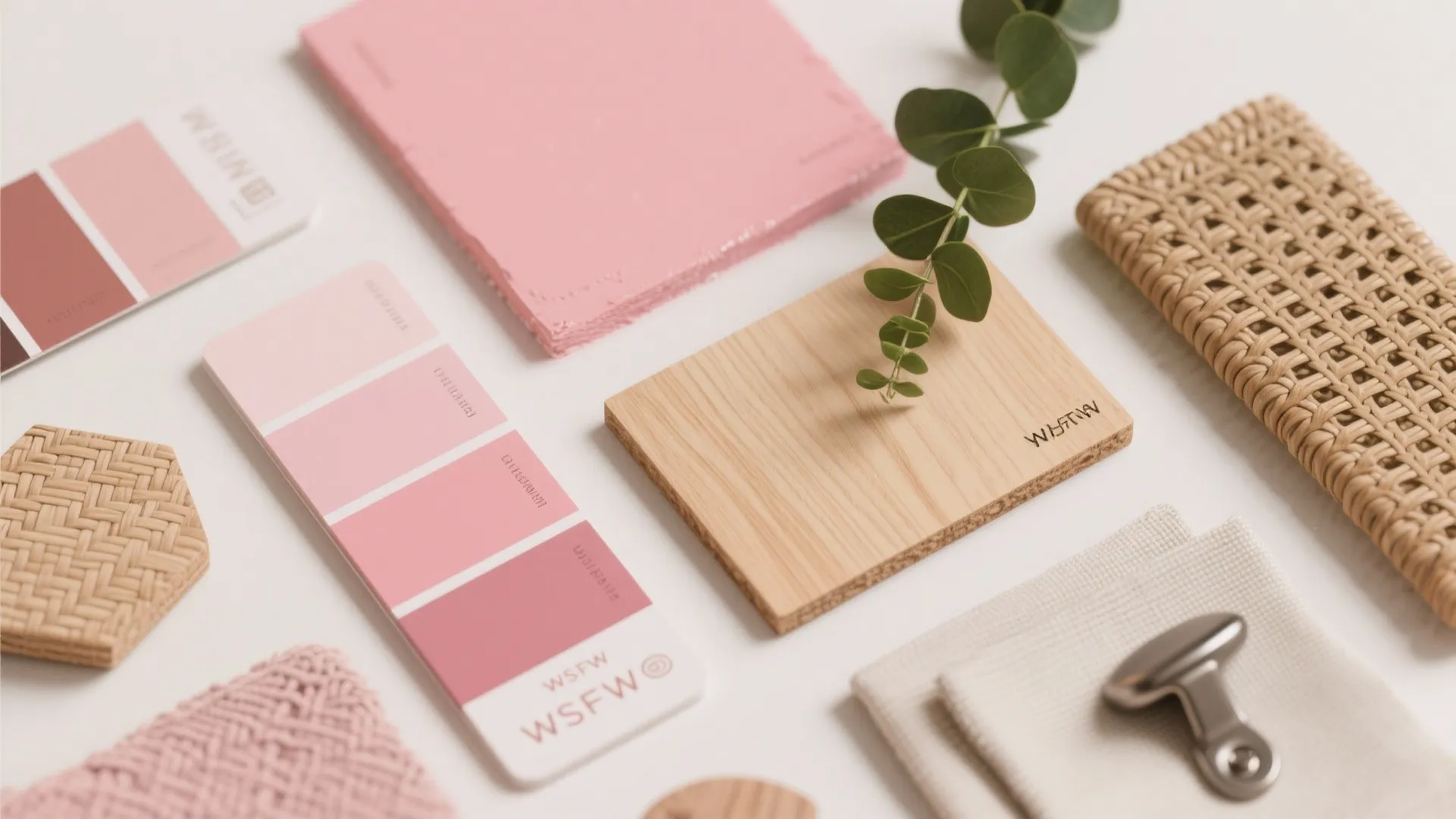 Interior design mood board with pink color swatches wooden samples woven textures and green leaves decoration