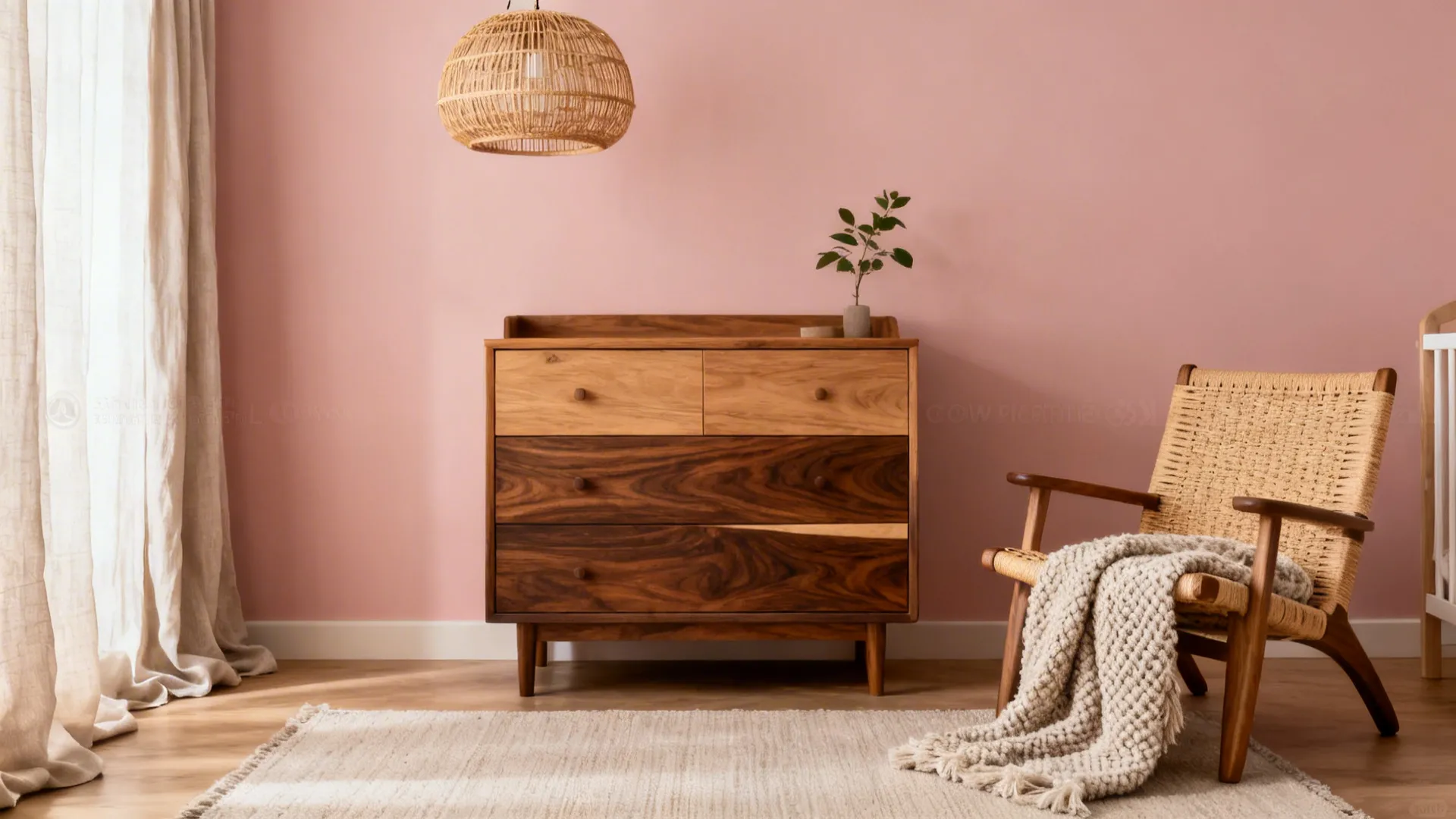 Blush room grounded with oak dresser, rattan pendant, and boucle textures.